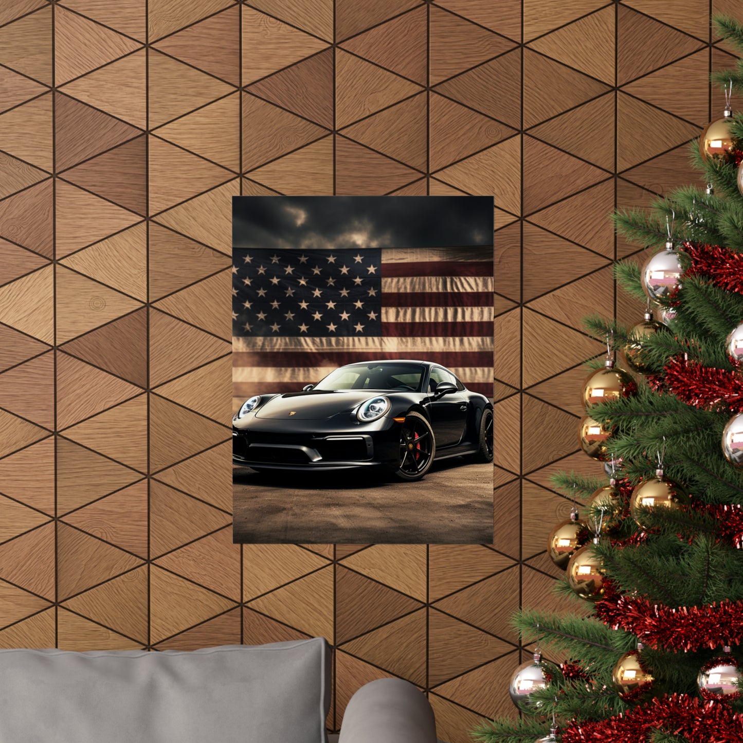 Premium Matte Vertical Posters American Flag Background Porsche 4
