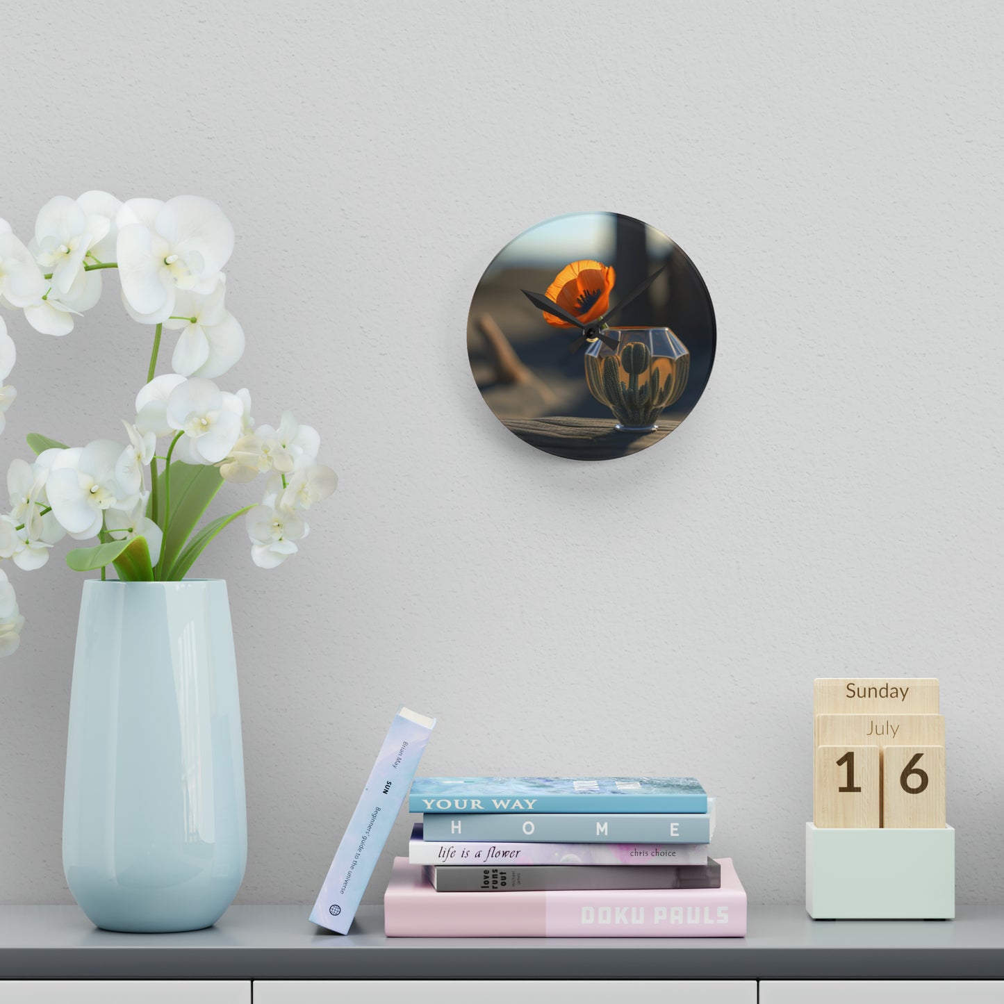 Acrylic Wall Clock Orange Poppy in a Vase 2