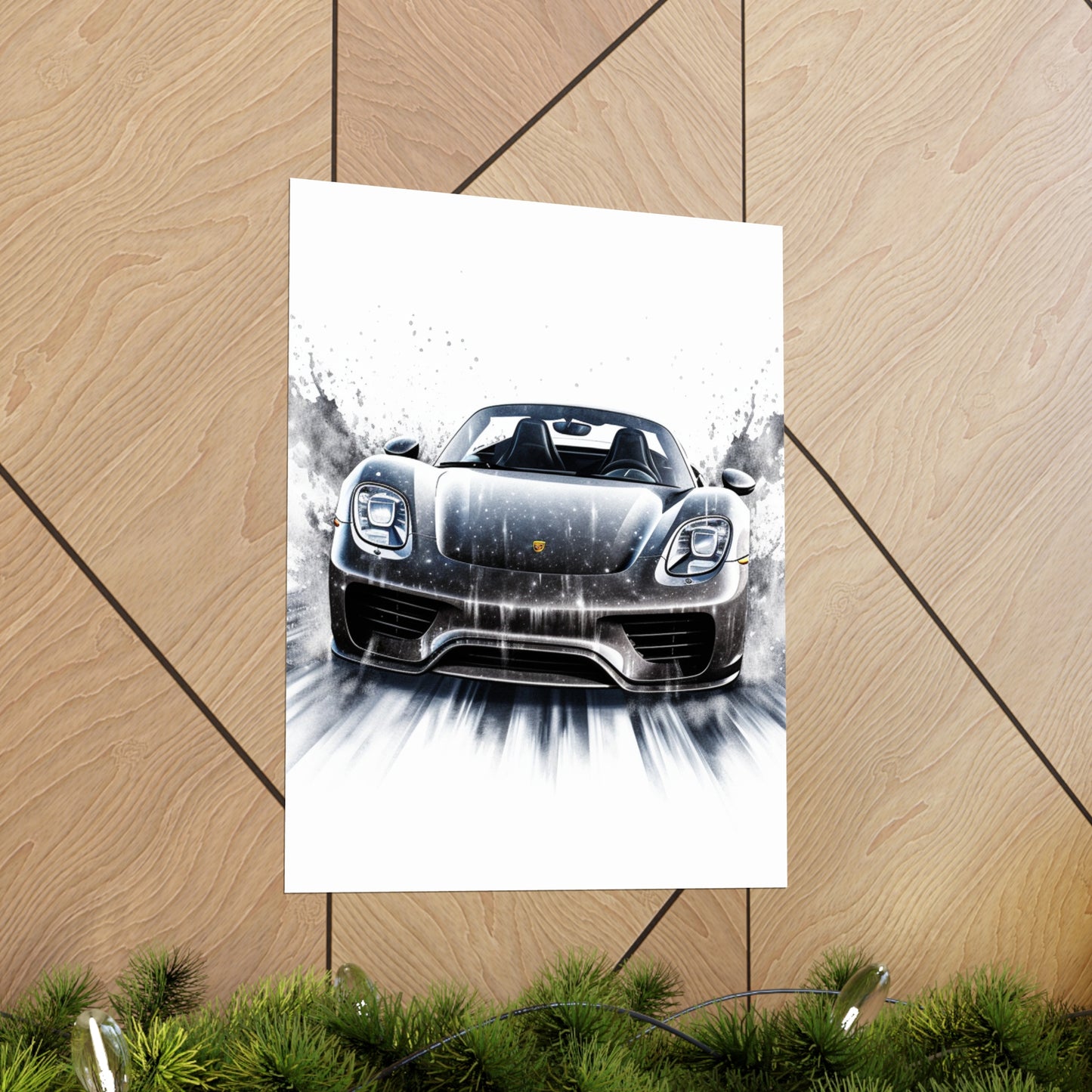 Premium Matte Vertical Posters 918 Spyder white background driving fast with water splashing 3