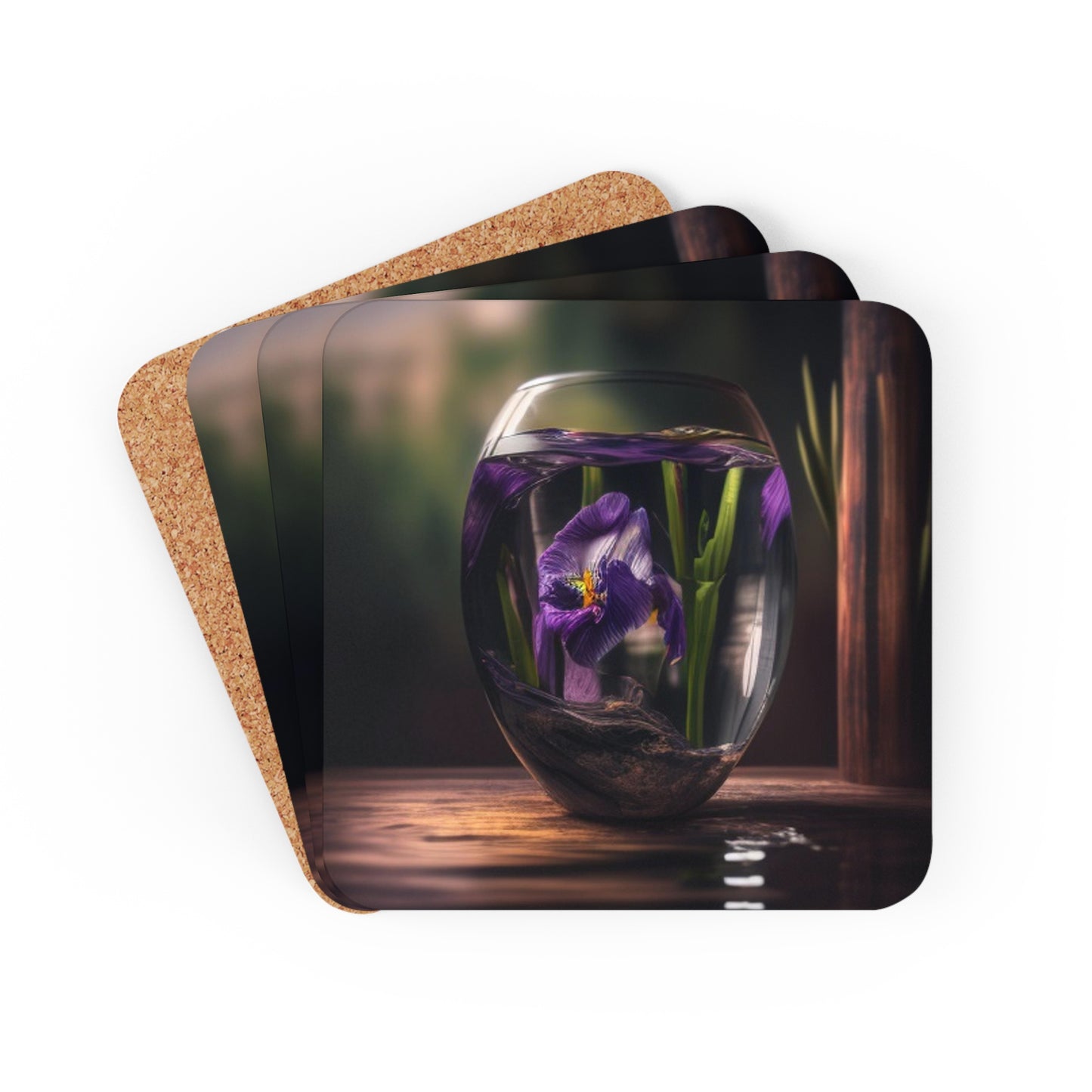 Corkwood Coaster Set Purple Iris in a vase 4