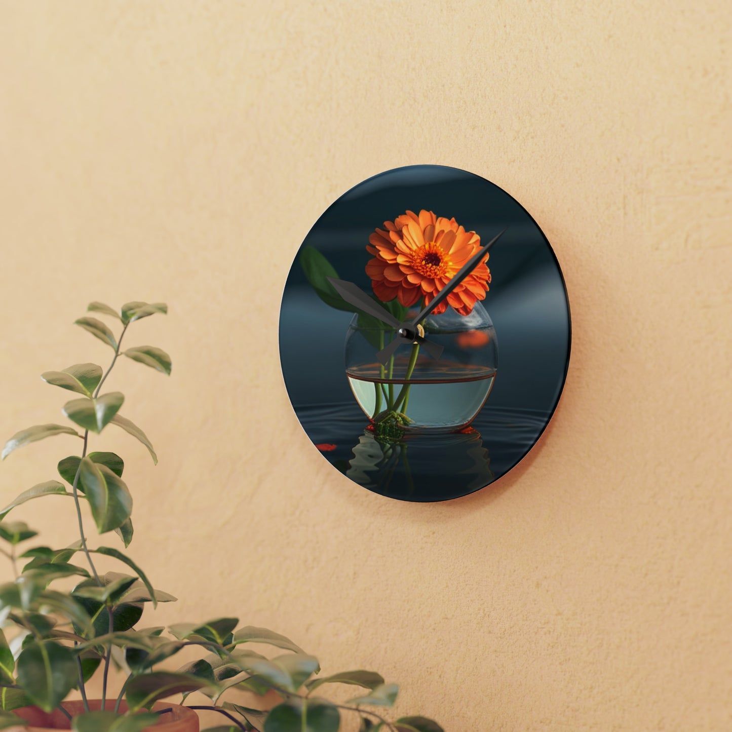 Acrylic Wall Clock Orange Zinnia 2