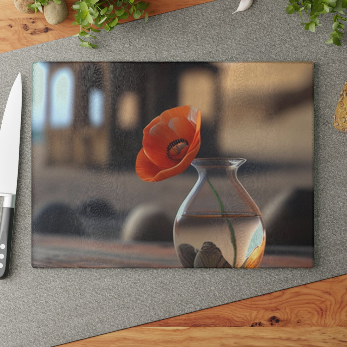 Glass Cutting Board Poppy in a Glass Vase 1