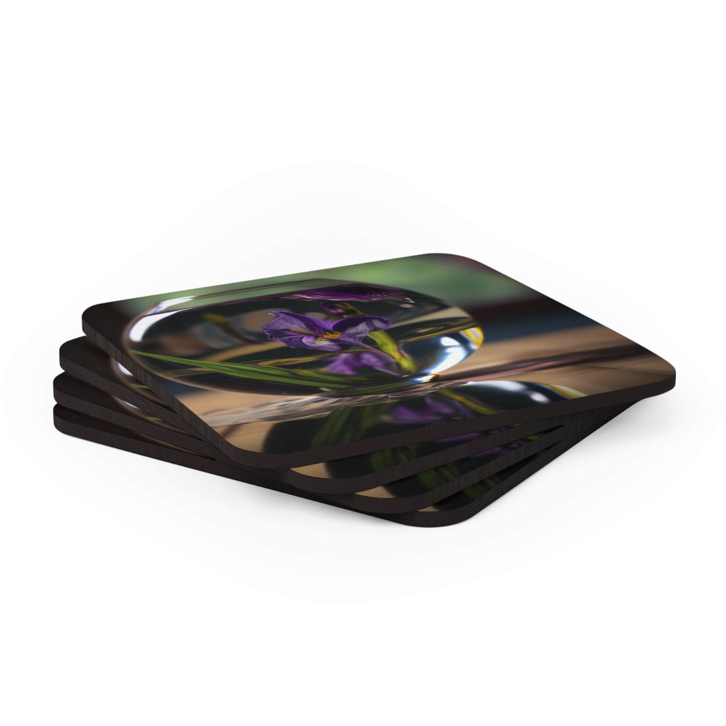 Corkwood Coaster Set Purple Iris in a vase 1