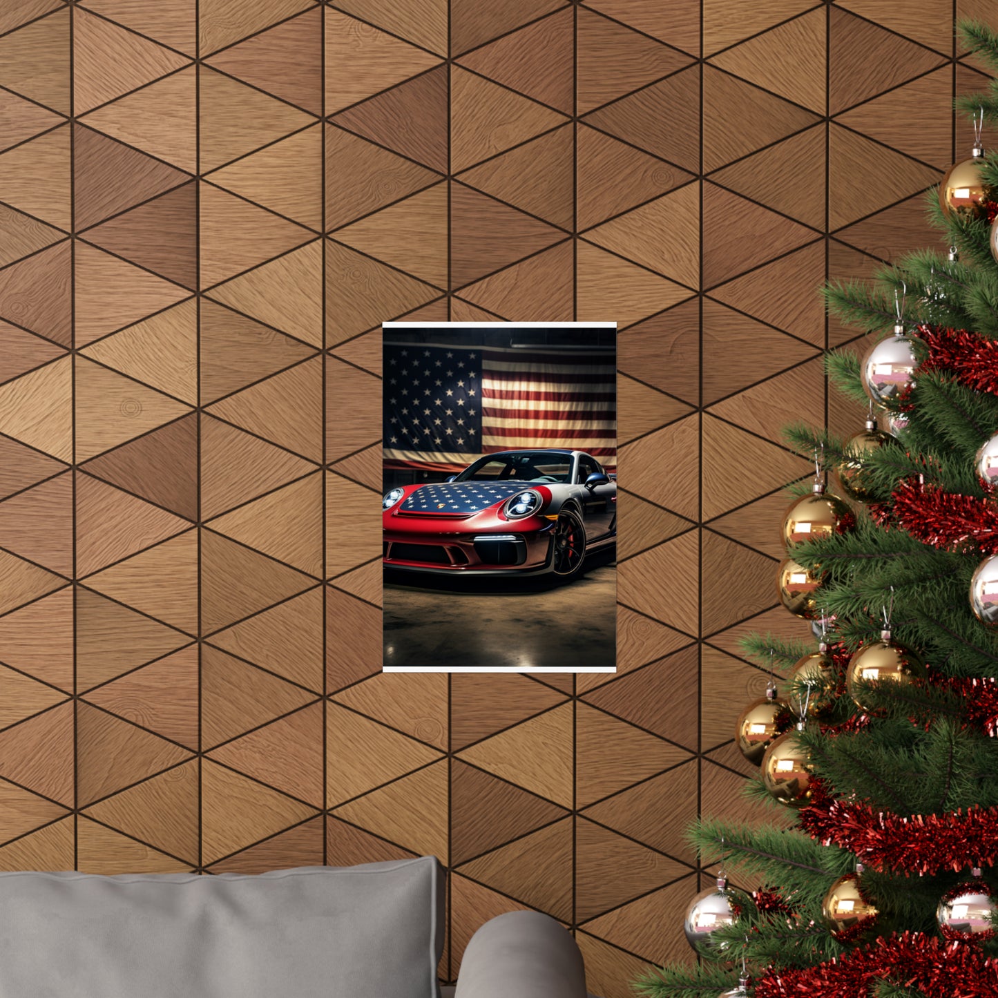 Premium Matte Vertical Posters American Flag Background Porsche 1