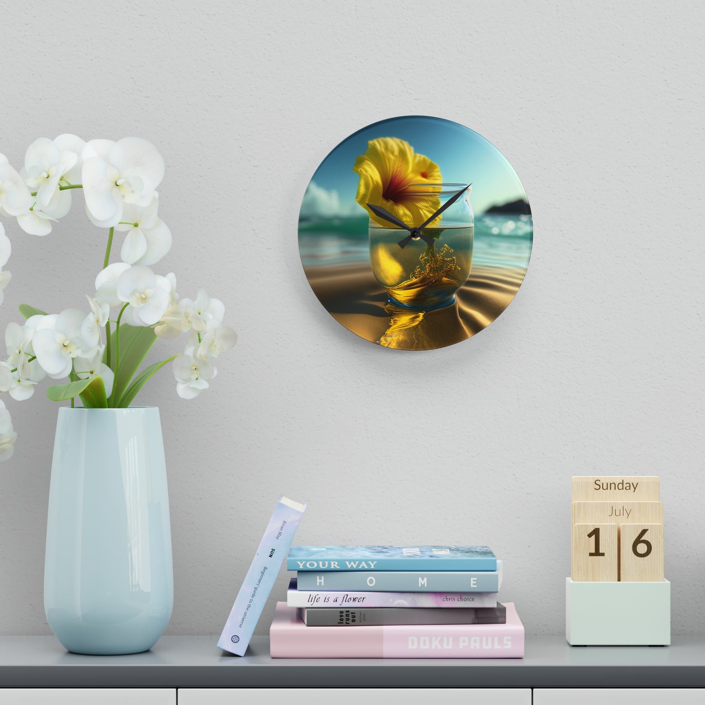 Acrylic Wall Clock Yellow Hibiscus glass 1