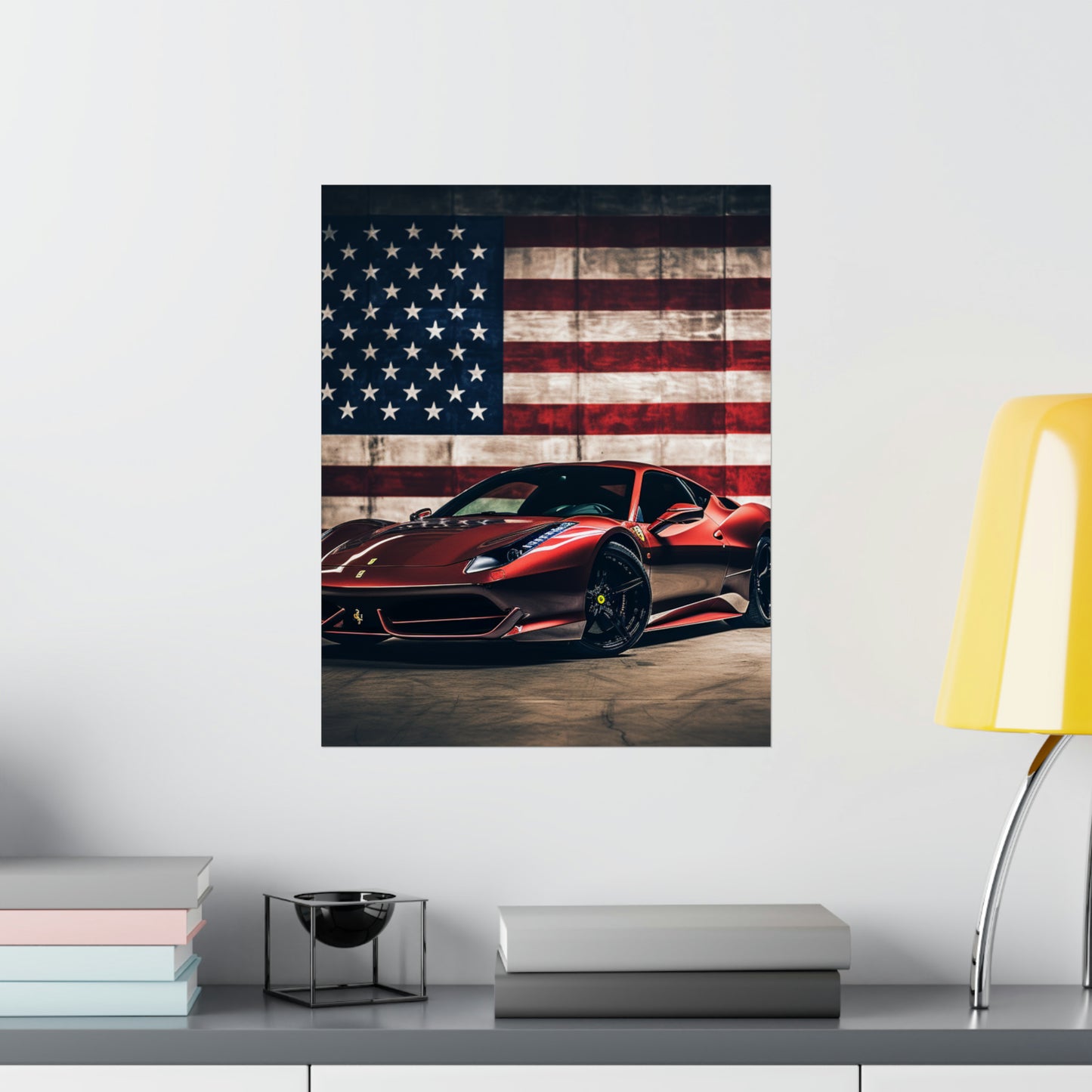 Premium Matte Vertical Posters American Flag Background Ferrari 4