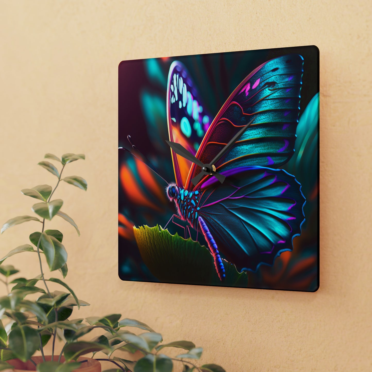 Acrylic Wall Clock Neon Butterfly Macro 1