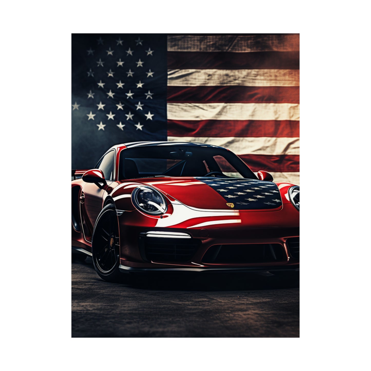 Premium Matte Vertical Posters American Flag Background Porsche 2