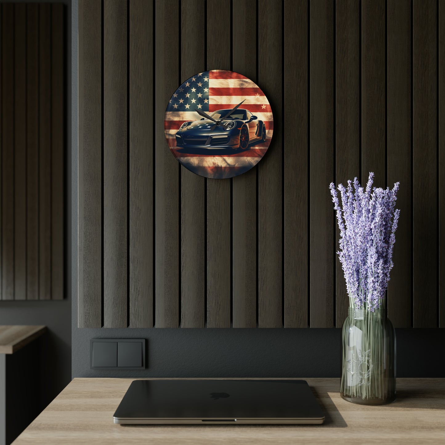 Acrylic Wall Clock Abstract American Flag Background Porsche 3