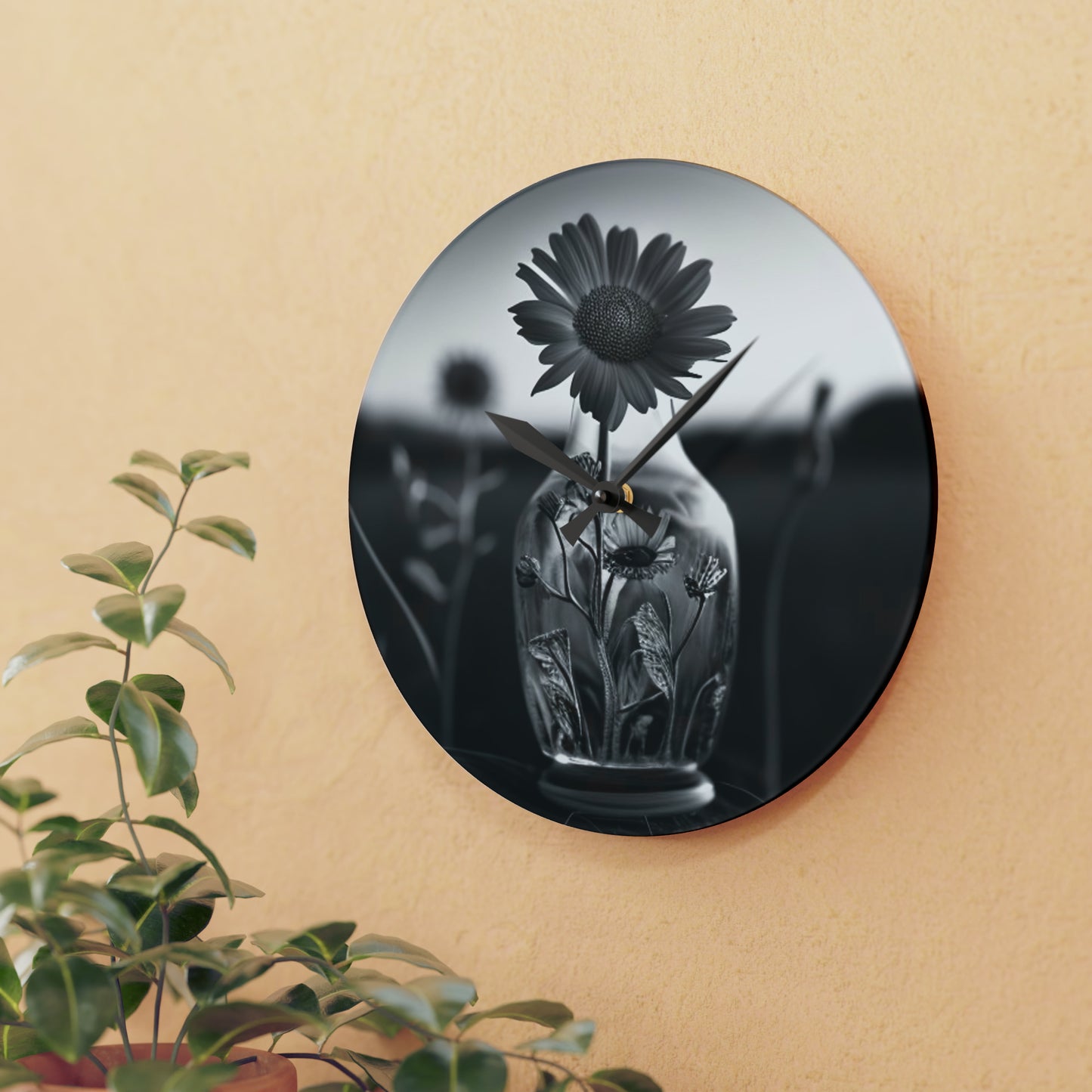 Acrylic Wall Clock Yellw Sunflower in a vase 2