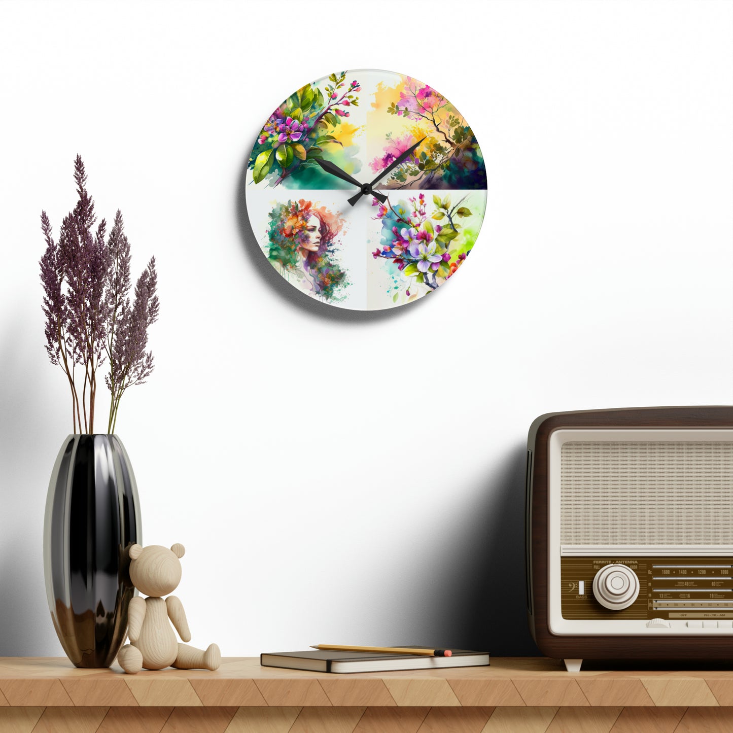 Acrylic Wall Clock Mother Nature Bright Spring Colors Realistic Watercolor 5