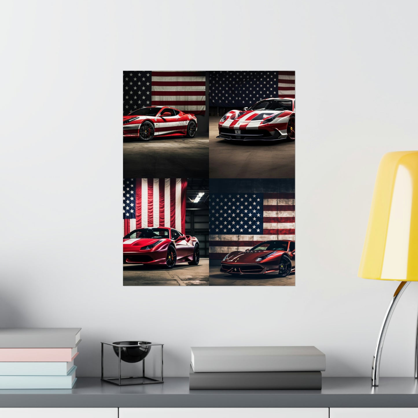 Premium Matte Vertical Posters American Flag Background Ferrari 5