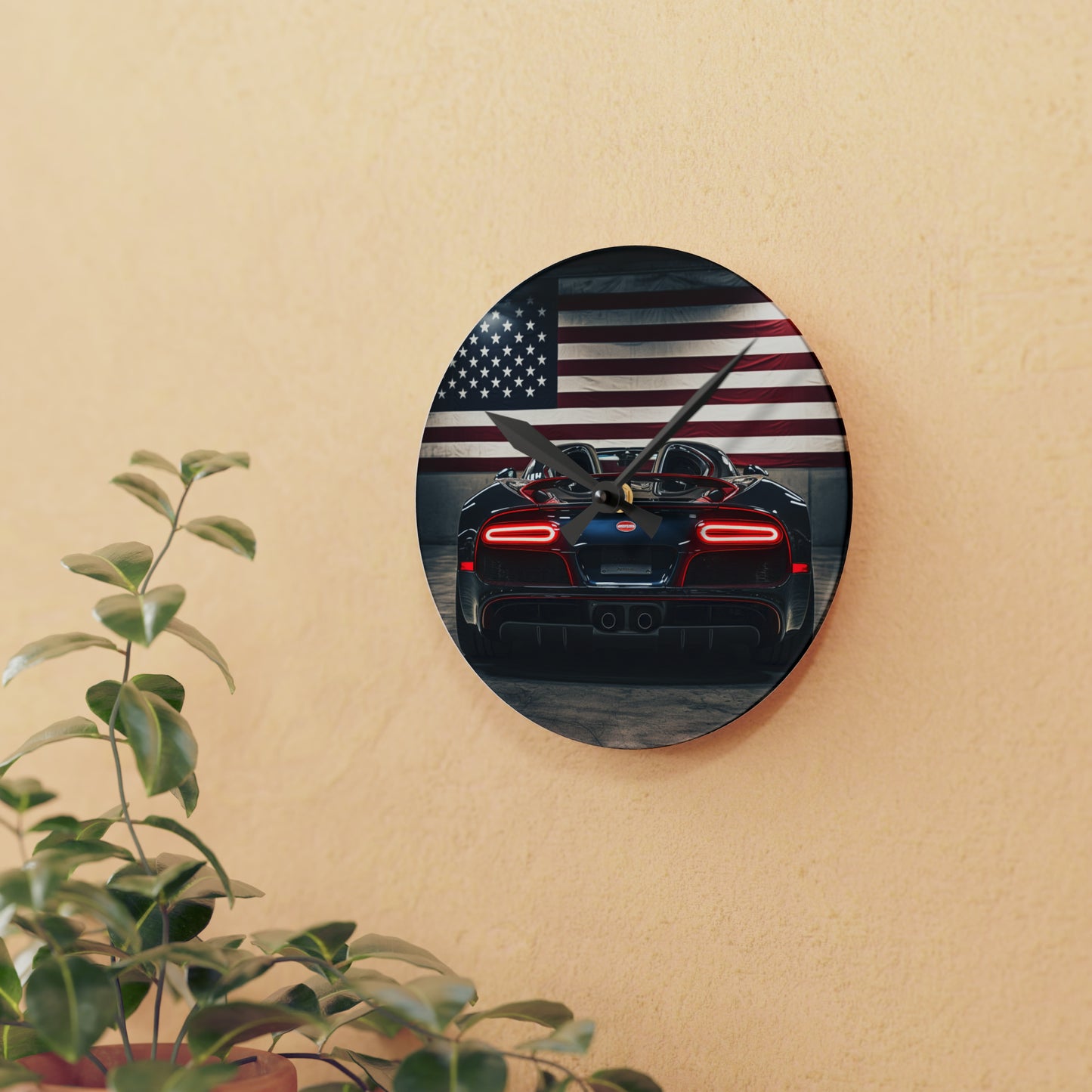 Acrylic Wall Clock American Flag Background Bugatti 4