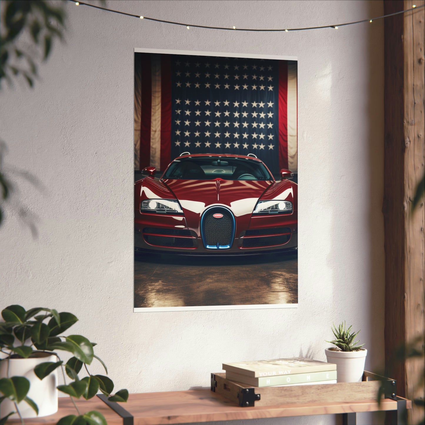 Premium Matte Vertical Posters American Flag Background Bugatti 1