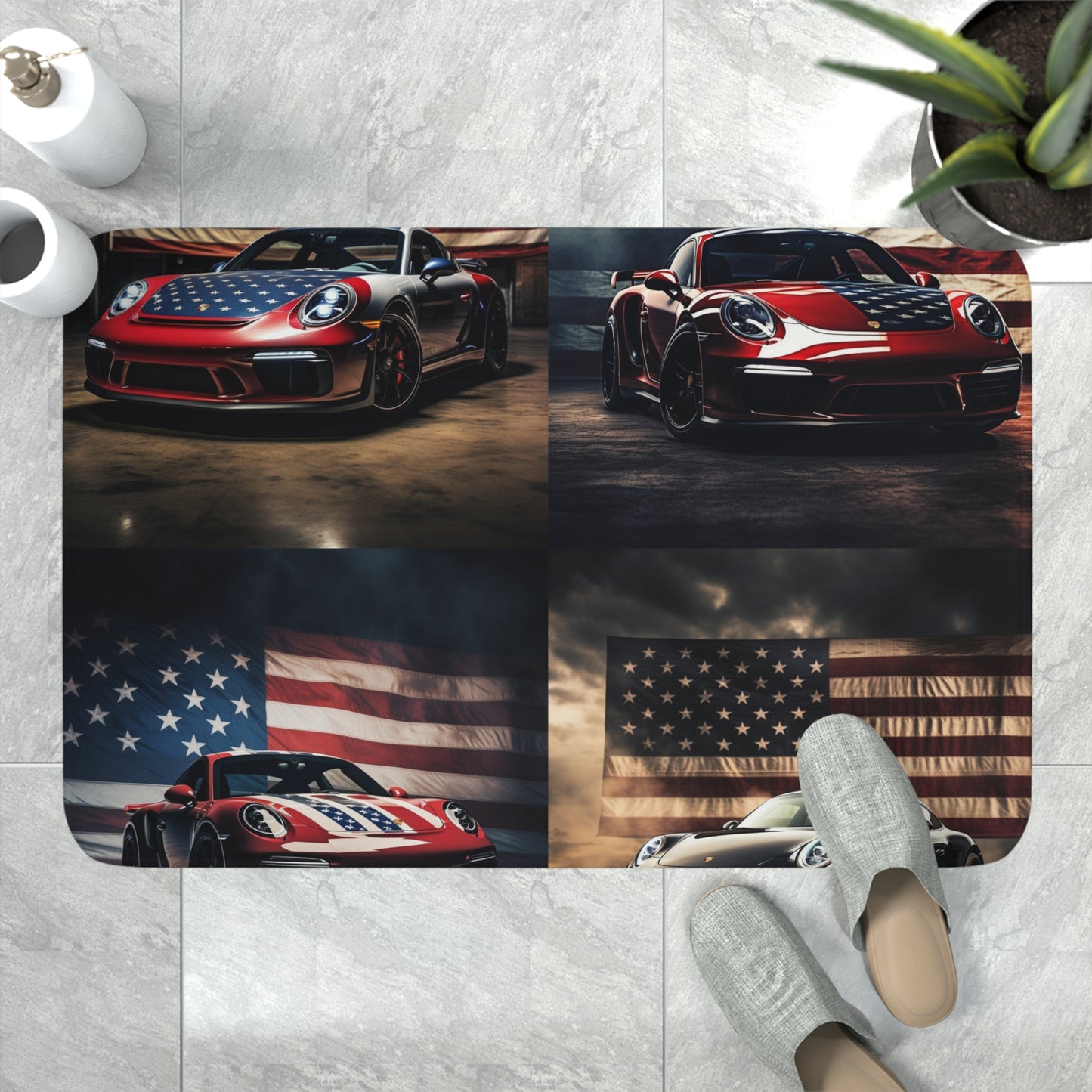 Memory Foam Bath Mat American Flag Background Porsche 5