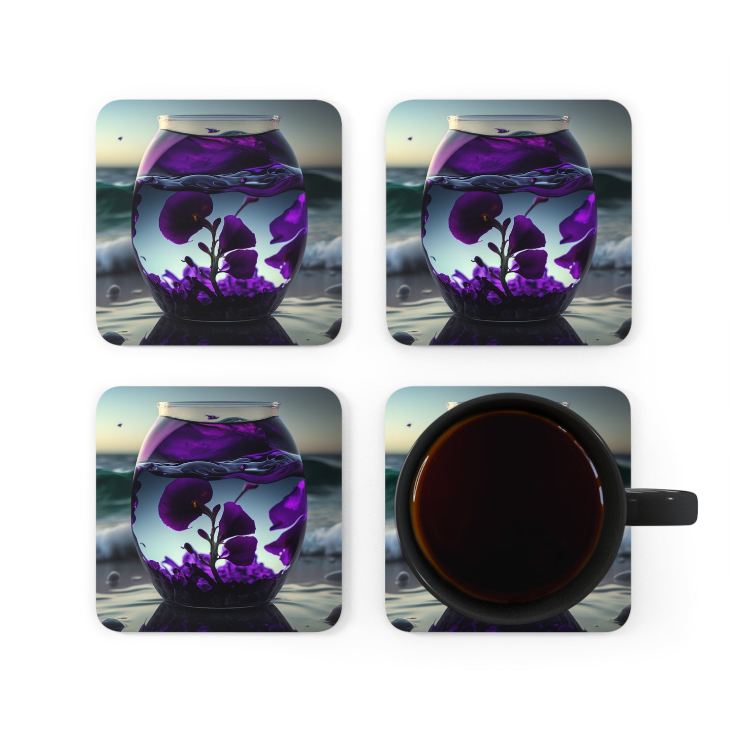 Corkwood Coaster Set Purple Sweet pea in a vase 4