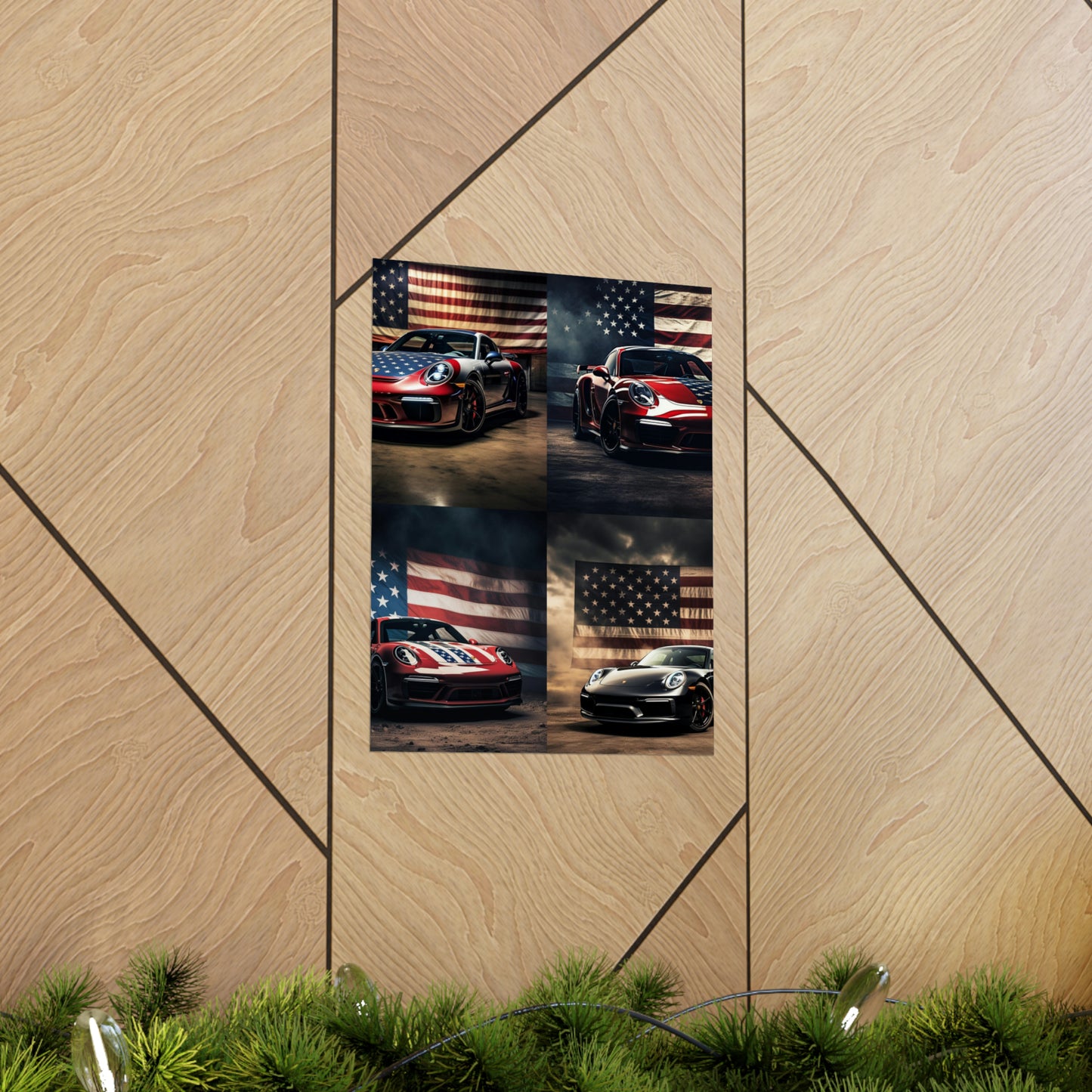 Premium Matte Vertical Posters American Flag Background Porsche 5