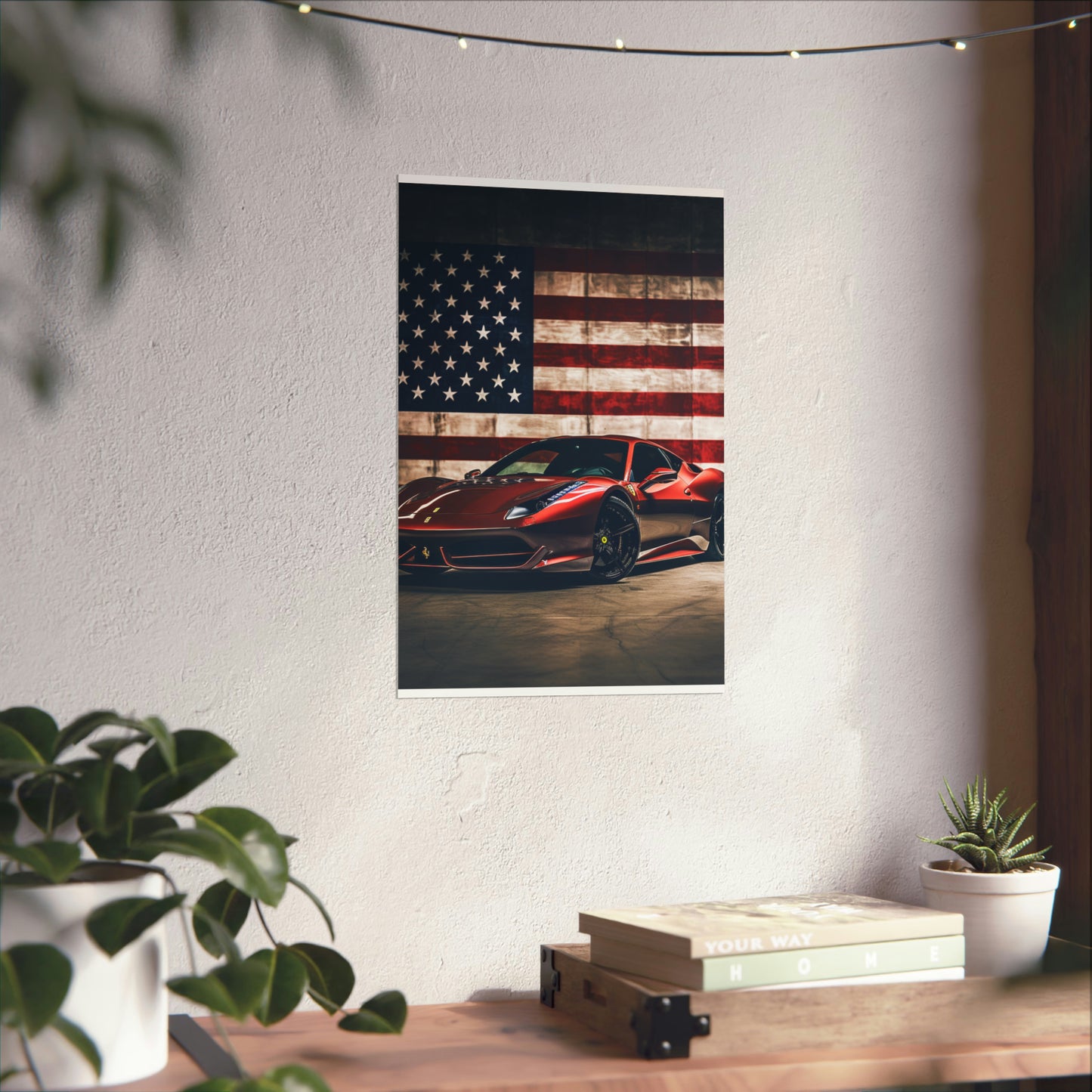 Premium Matte Vertical Posters American Flag Background Ferrari 4