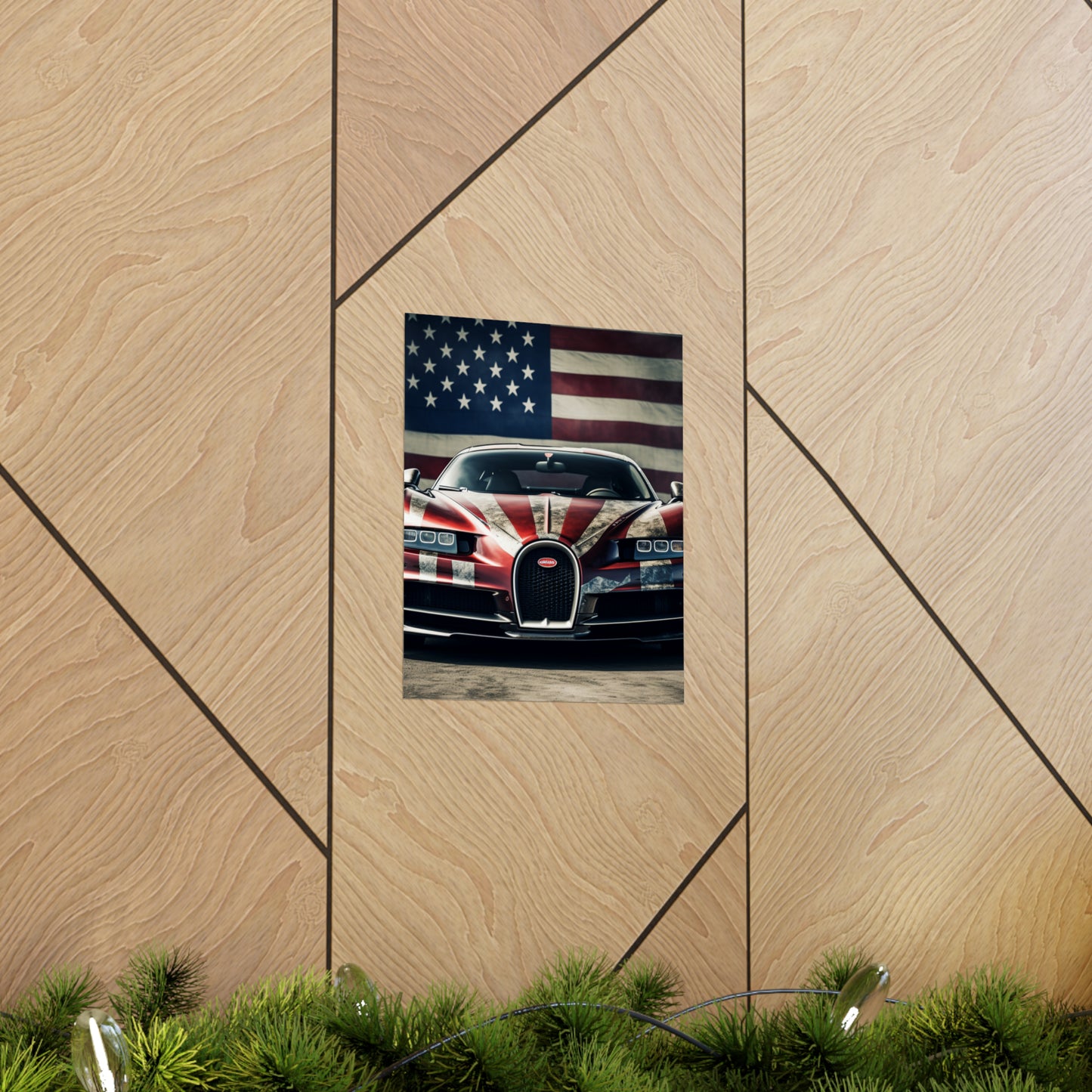 Premium Matte Vertical Posters American Flag Background Bugatti 3