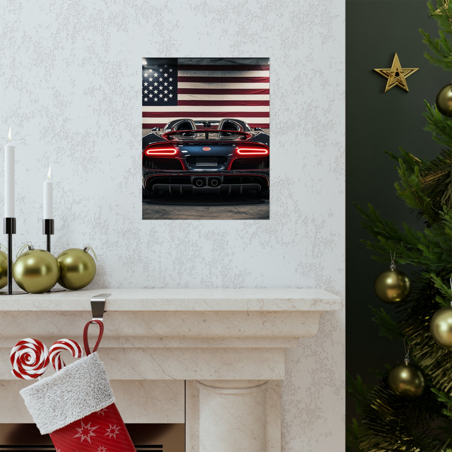 Premium Matte Vertical Posters American Flag Background Bugatti 4