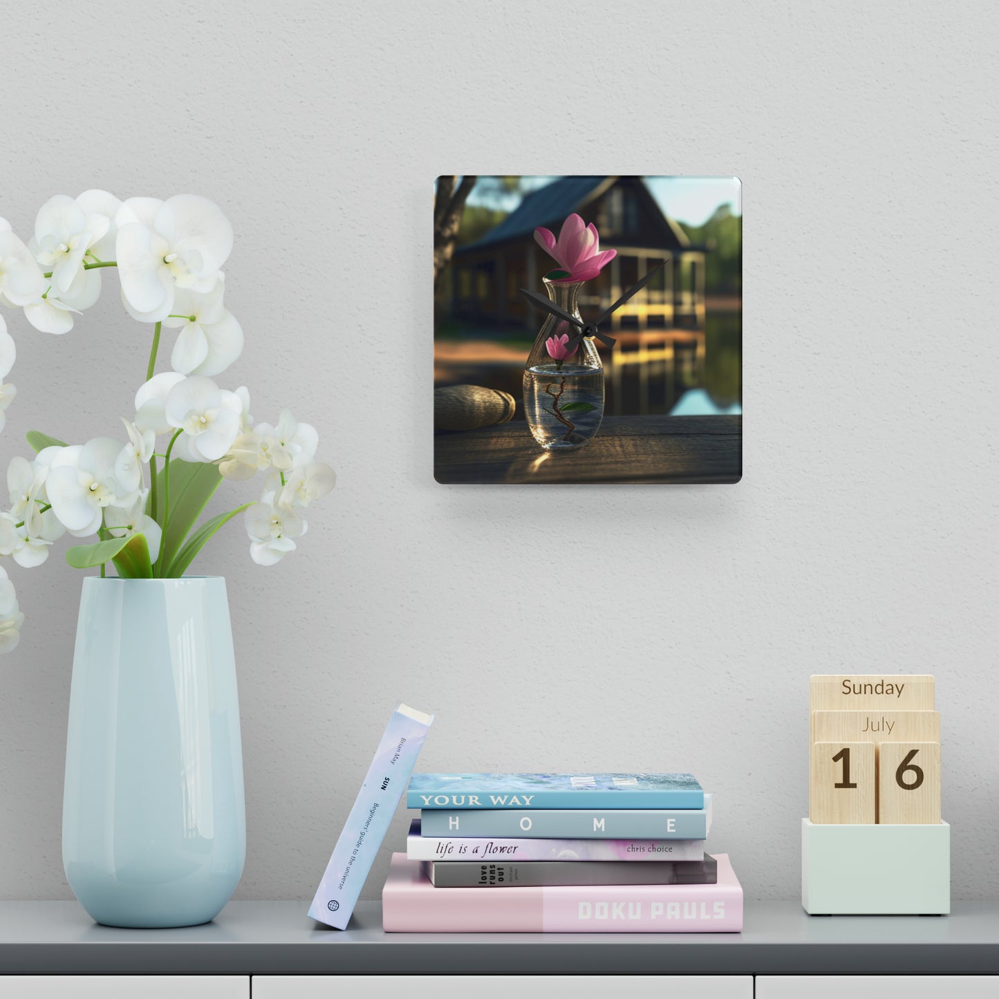 Acrylic Wall Clock Magnolia in a Glass vase 4