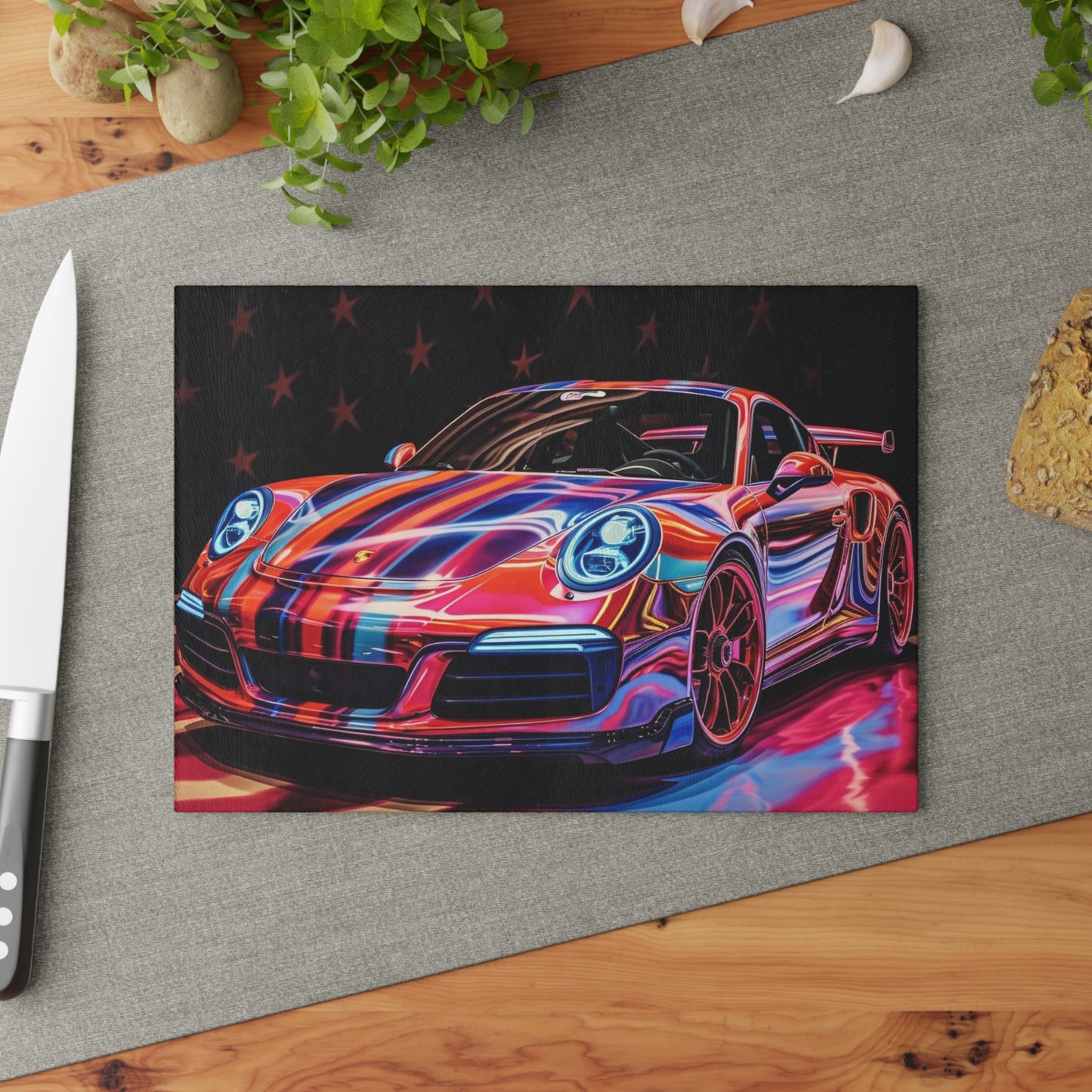 Glass Cutting Board American Flag Colored Porsche 3