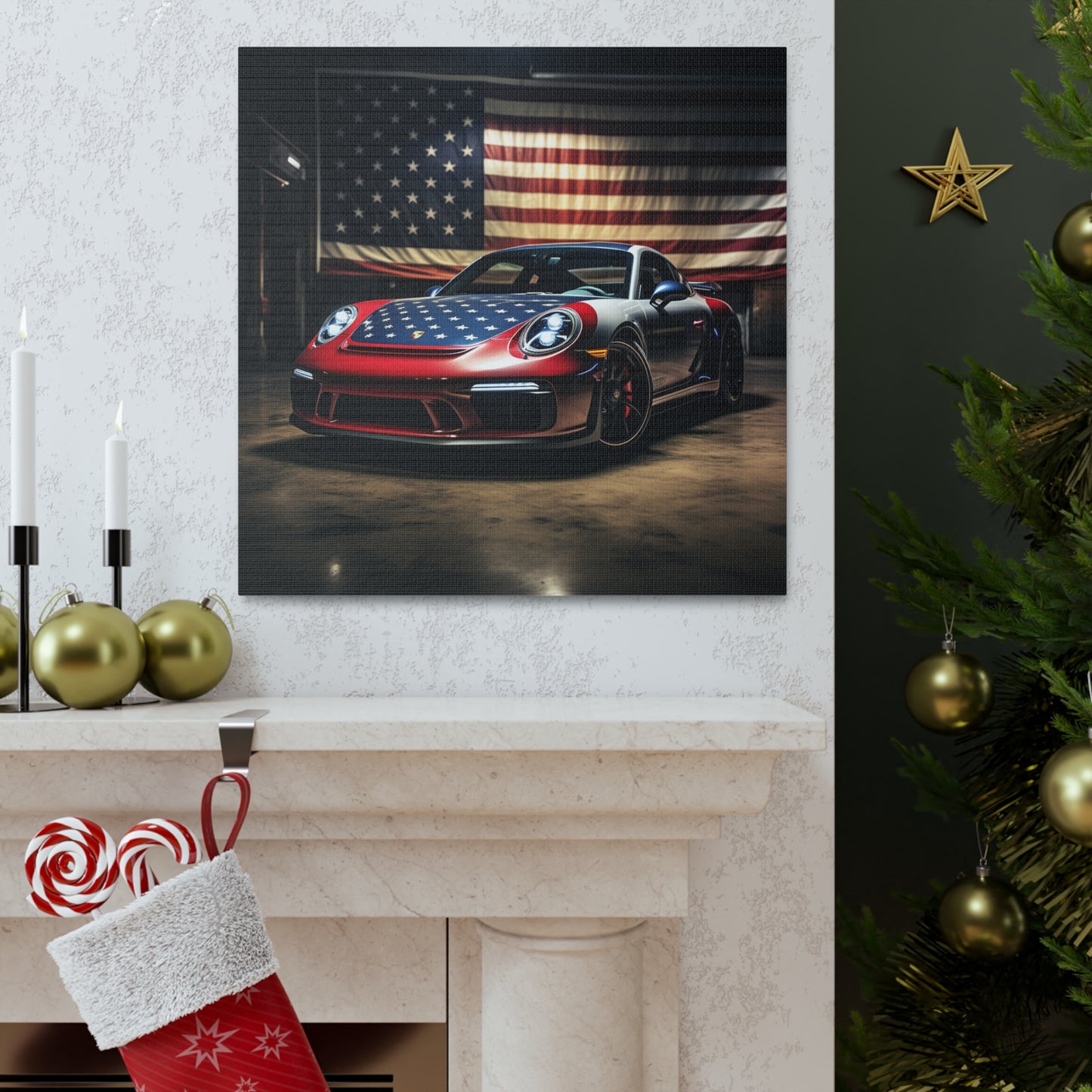 Canvas Gallery Wraps American Flag Background Porsche 1