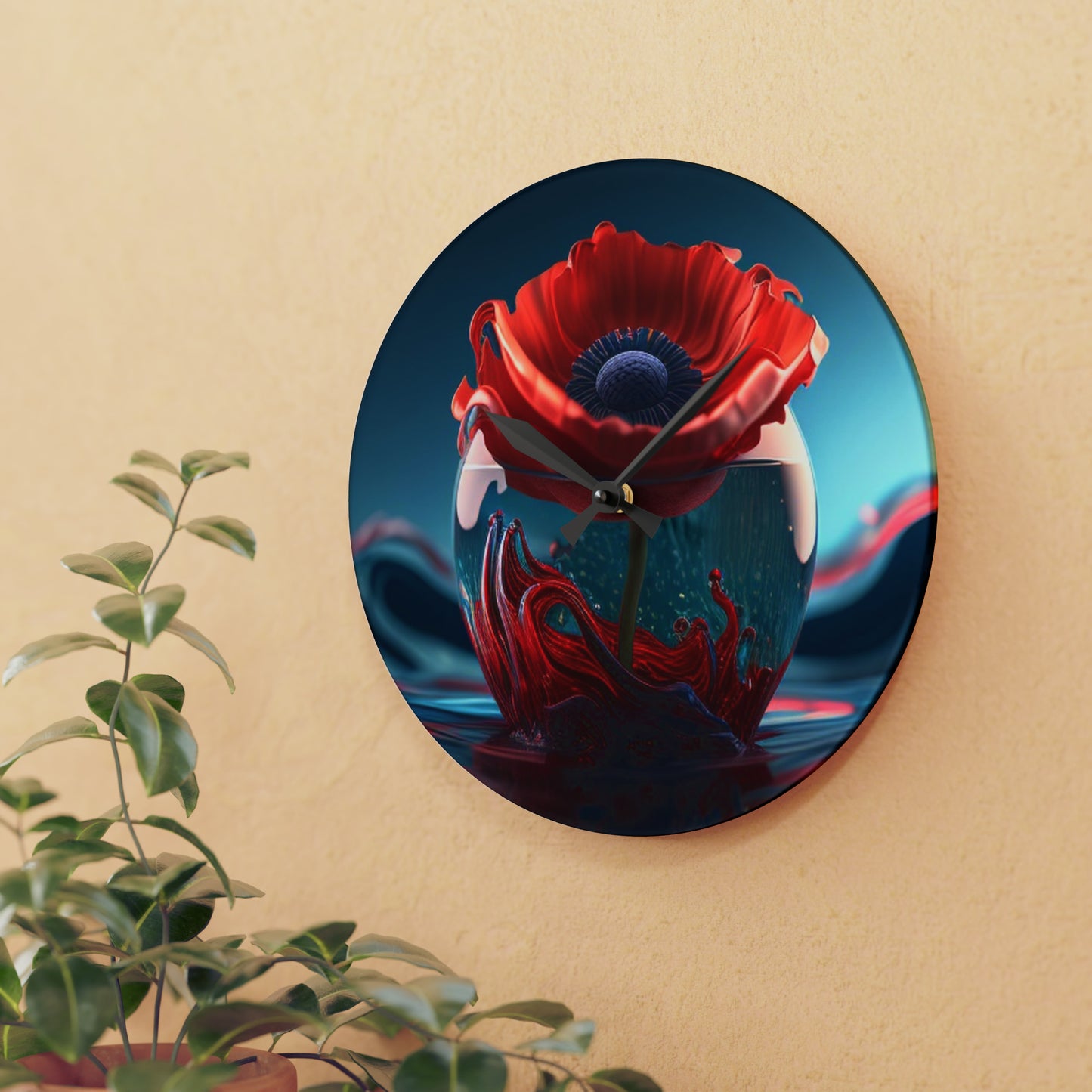 Acrylic Wall Clock Red Anemone in a Vase 2