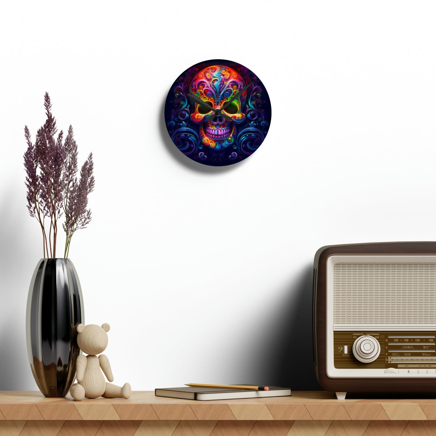 Acrylic Wall Clock Macro Skull Color 2