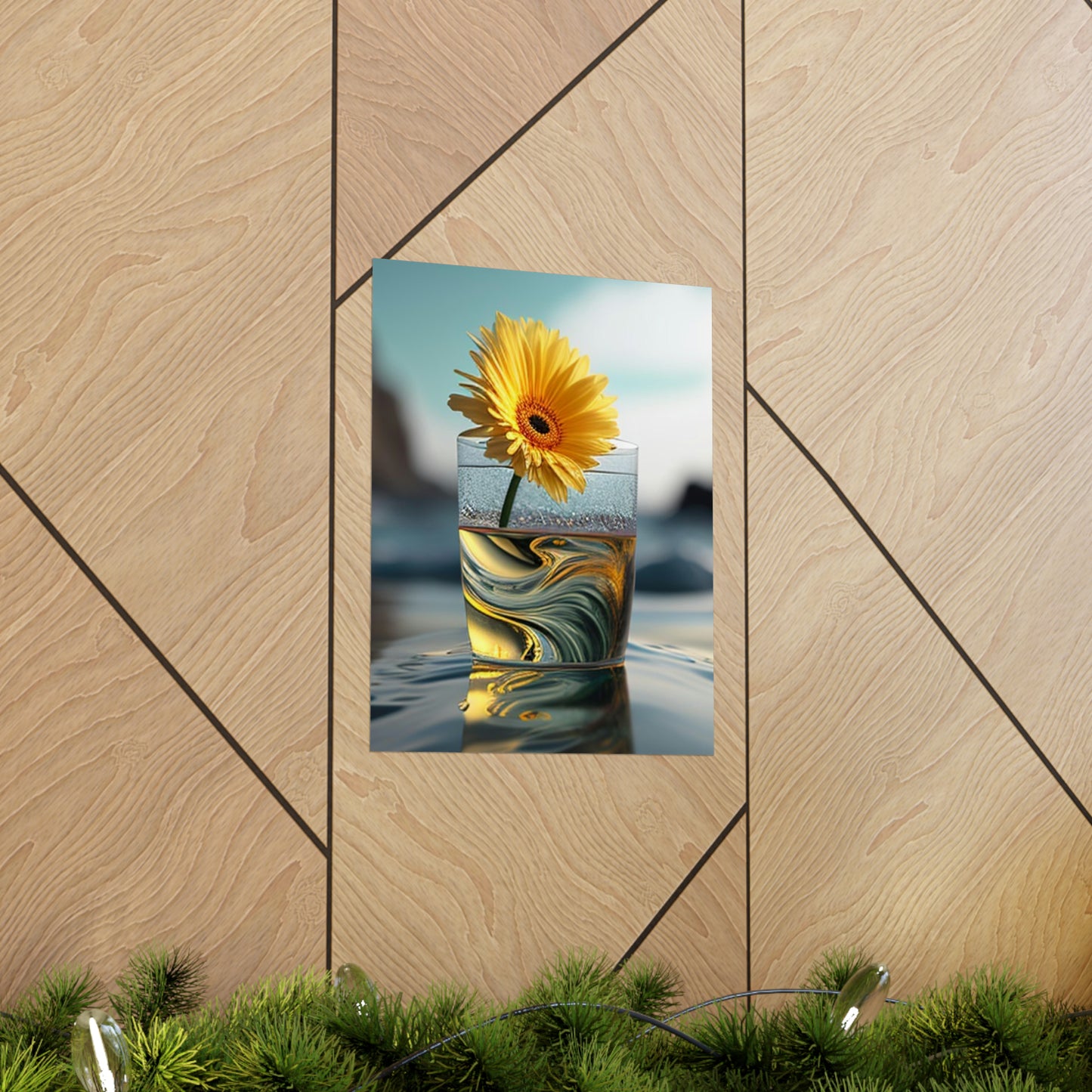 Premium Matte Vertical Posters yello Gerbera glass 2