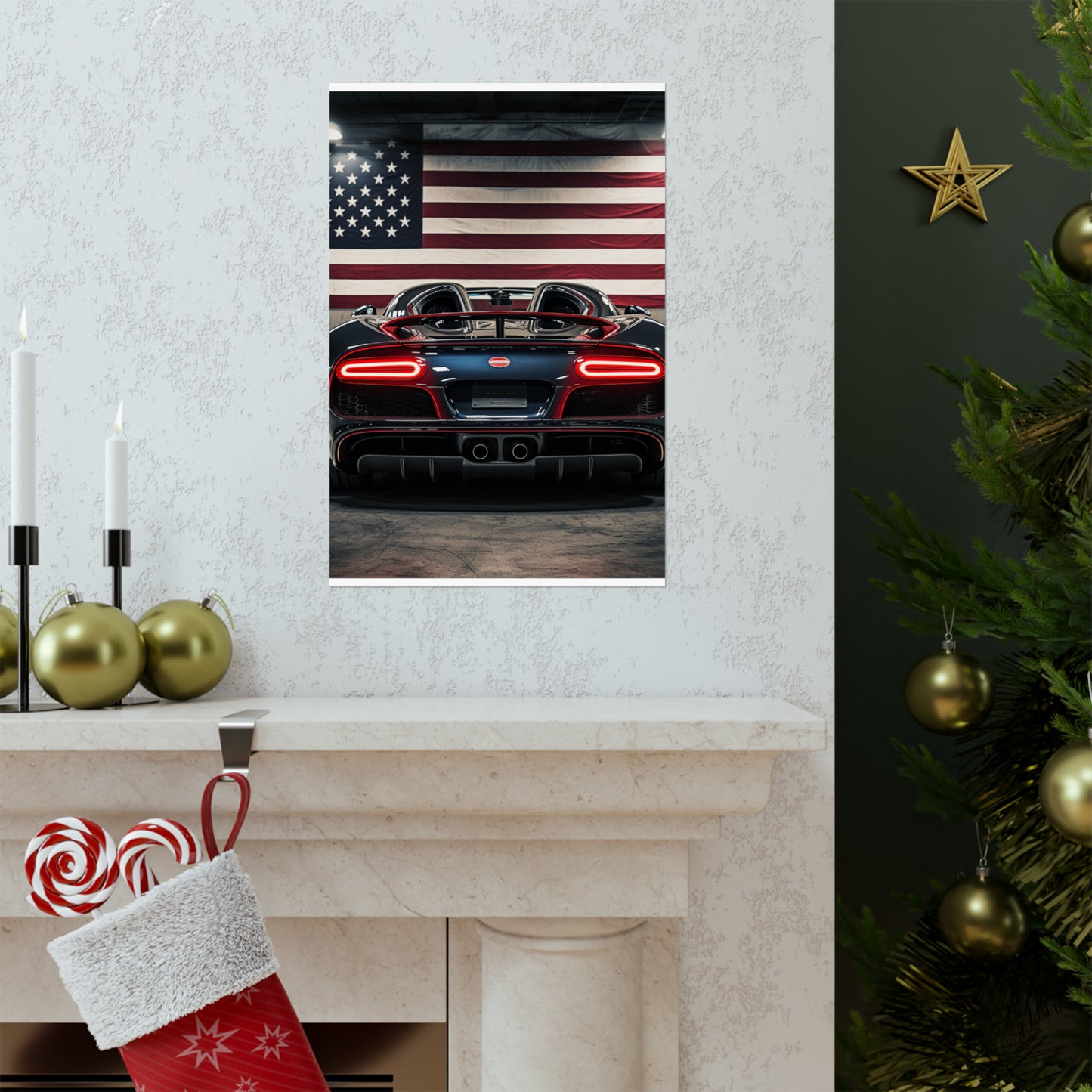 Premium Matte Vertical Posters American Flag Background Bugatti 4