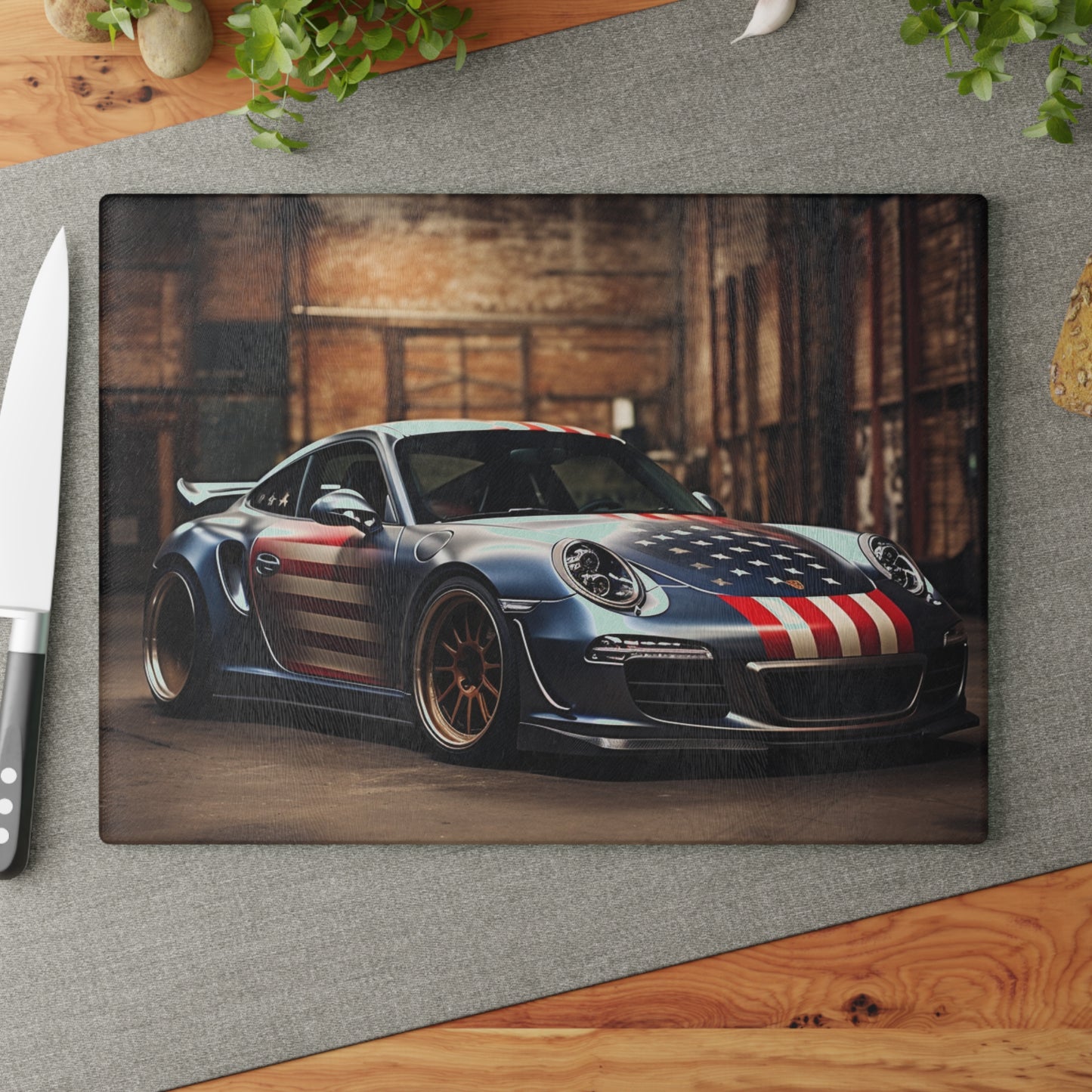 Glass Cutting Board American Flag Porsche 1