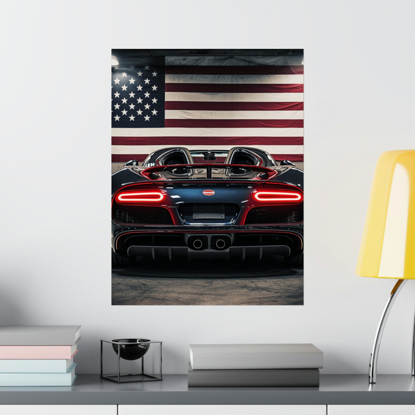 Premium Matte Vertical Posters American Flag Background Bugatti 4