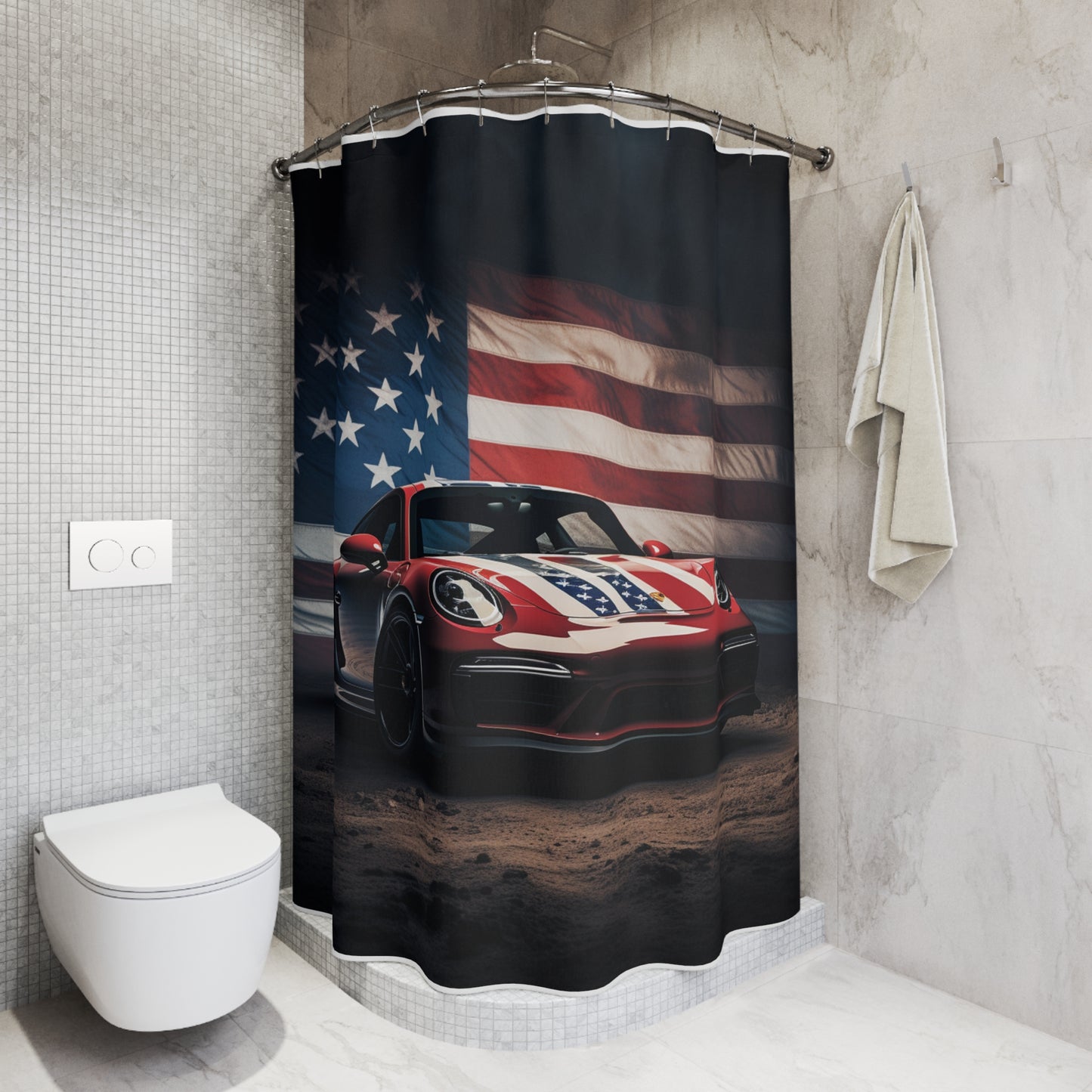 Polyester Shower Curtain American Flag Background Porsche 3