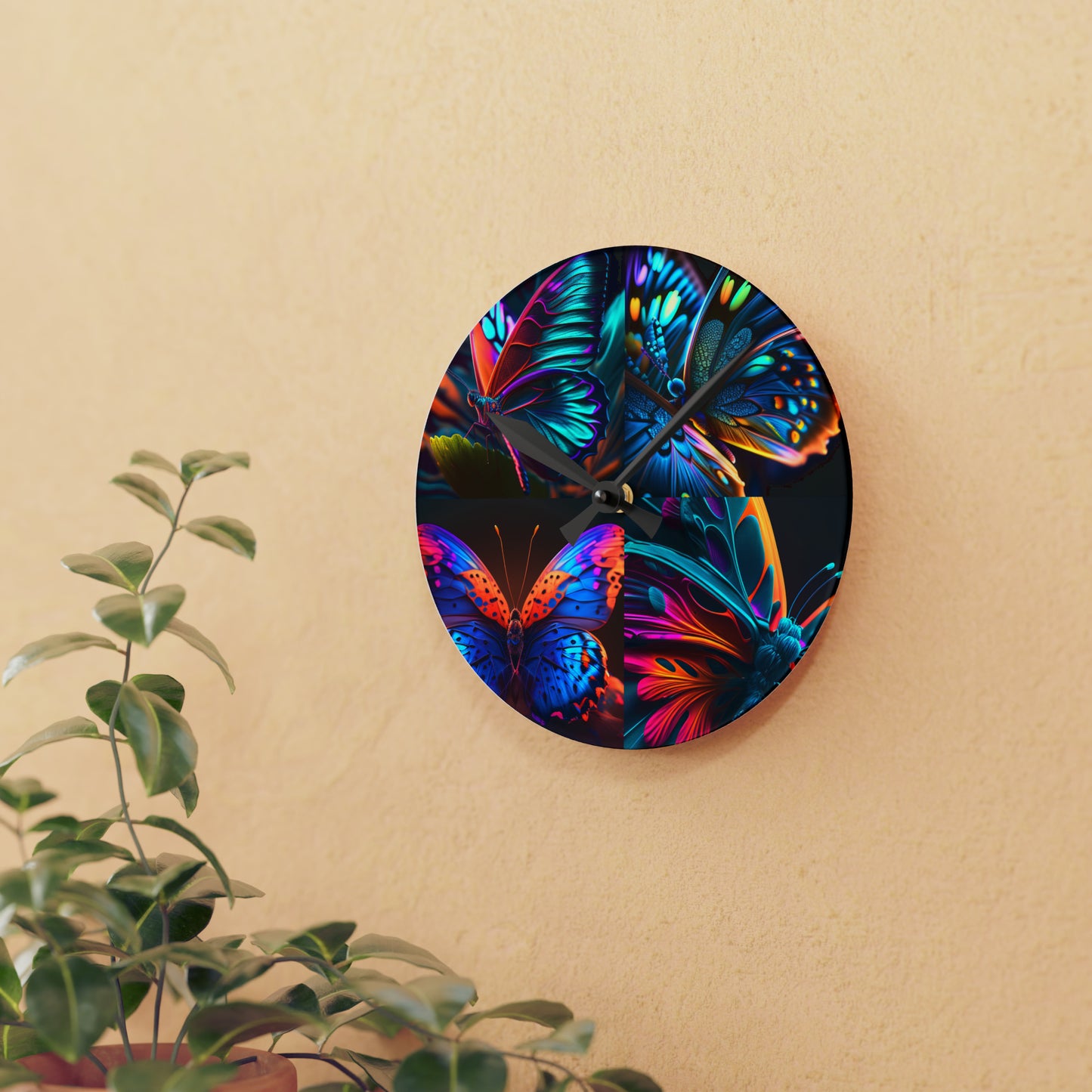 Acrylic Wall Clock Neon Butterfly Macro 5