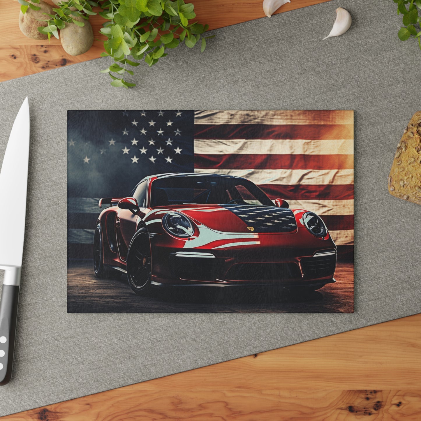 Glass Cutting Board American Flag Background Porsche 2