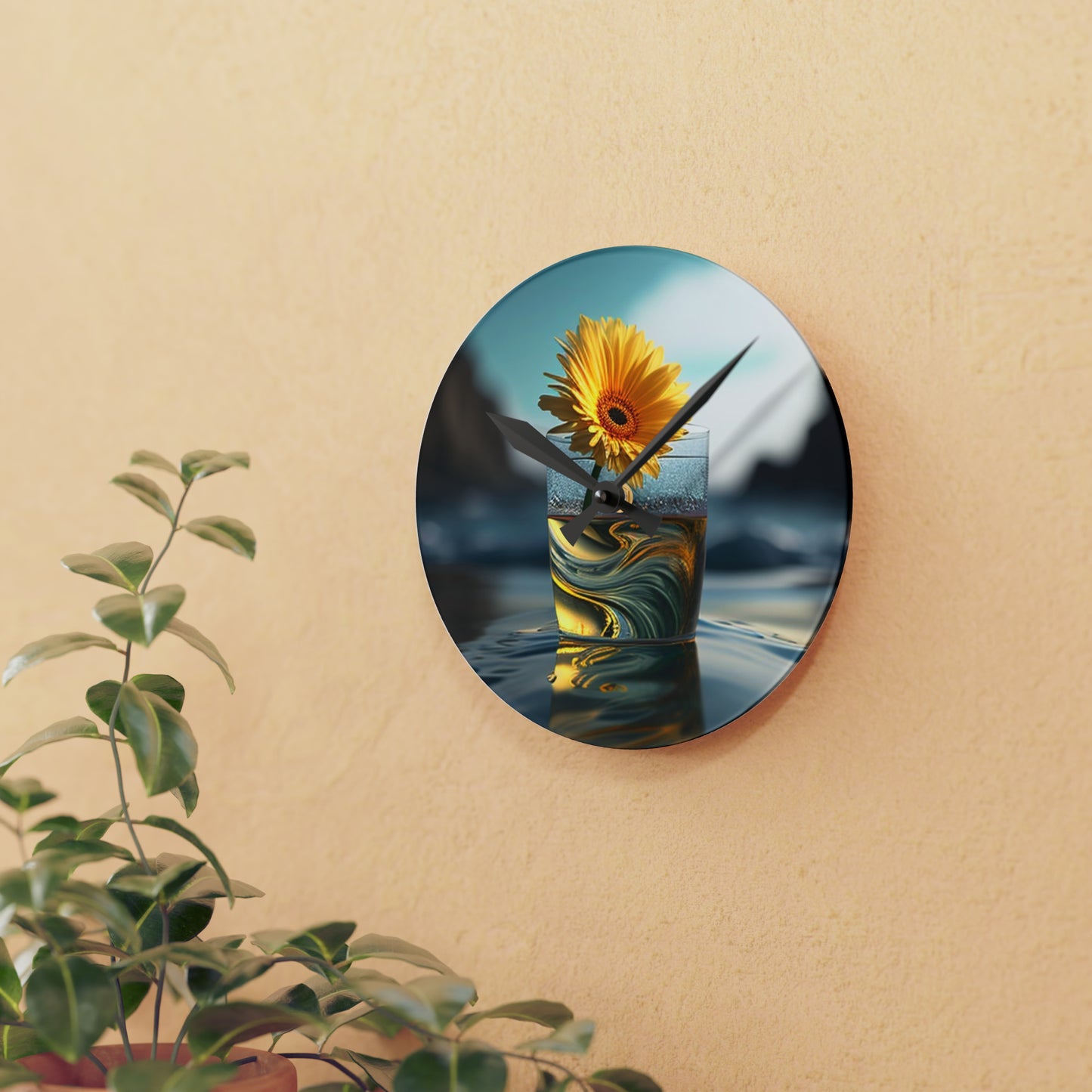 Acrylic Wall Clock yello Gerbera glass 2