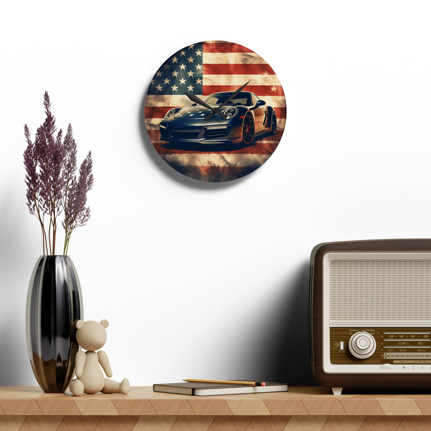 Acrylic Wall Clock Abstract American Flag Background Porsche 3