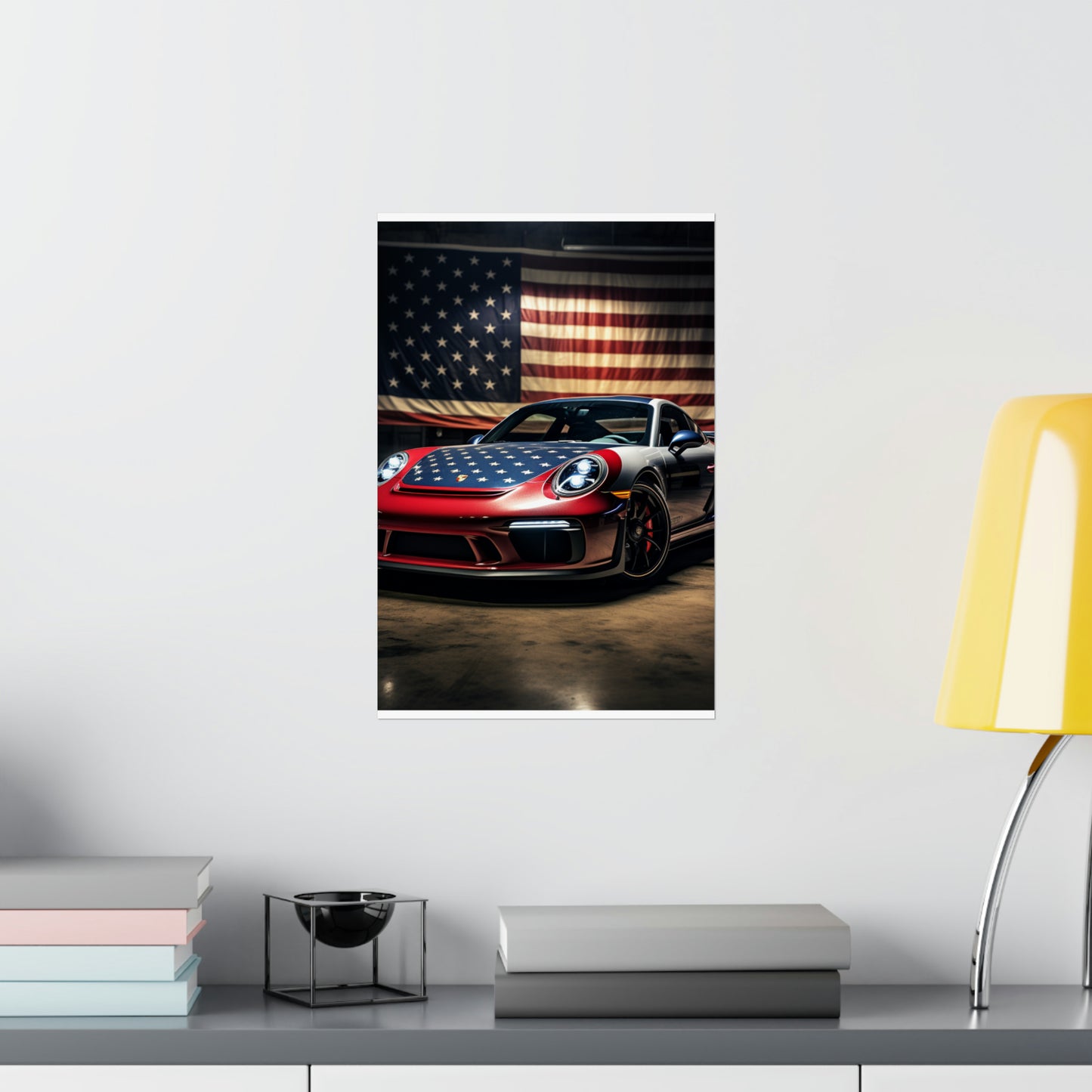 Premium Matte Vertical Posters American Flag Background Porsche 1