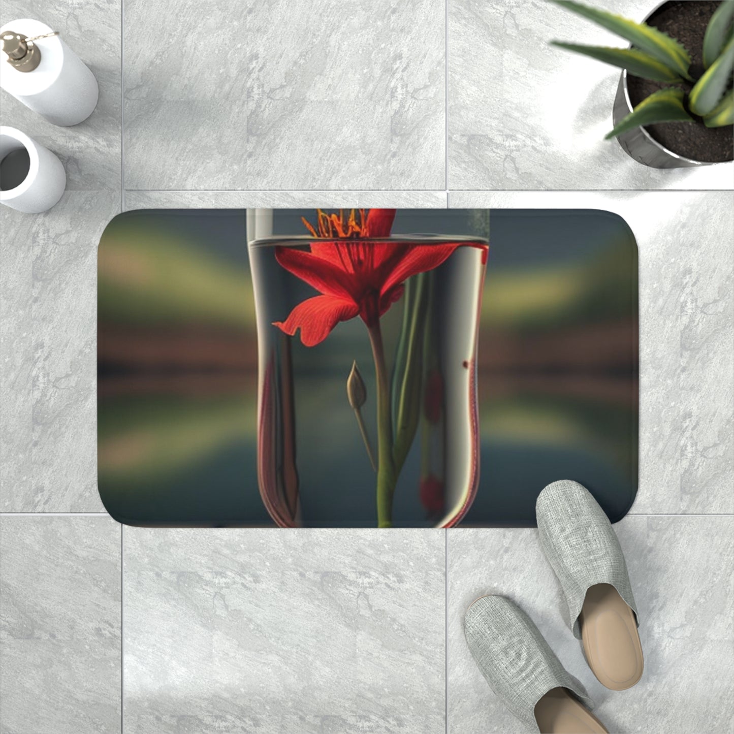 Memory Foam Bath Mat Red Lily in a Glass vase 1