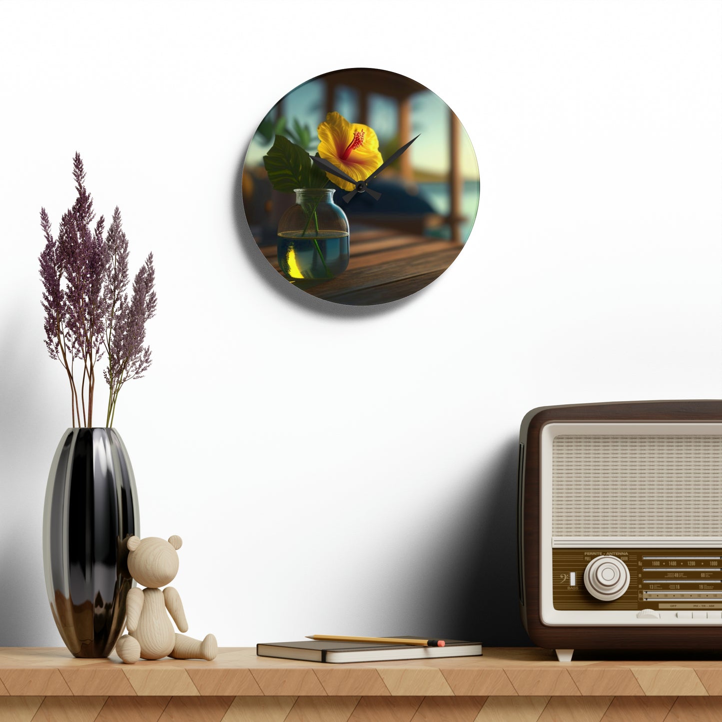 Acrylic Wall Clock Yellow Hibiscus Wood 2