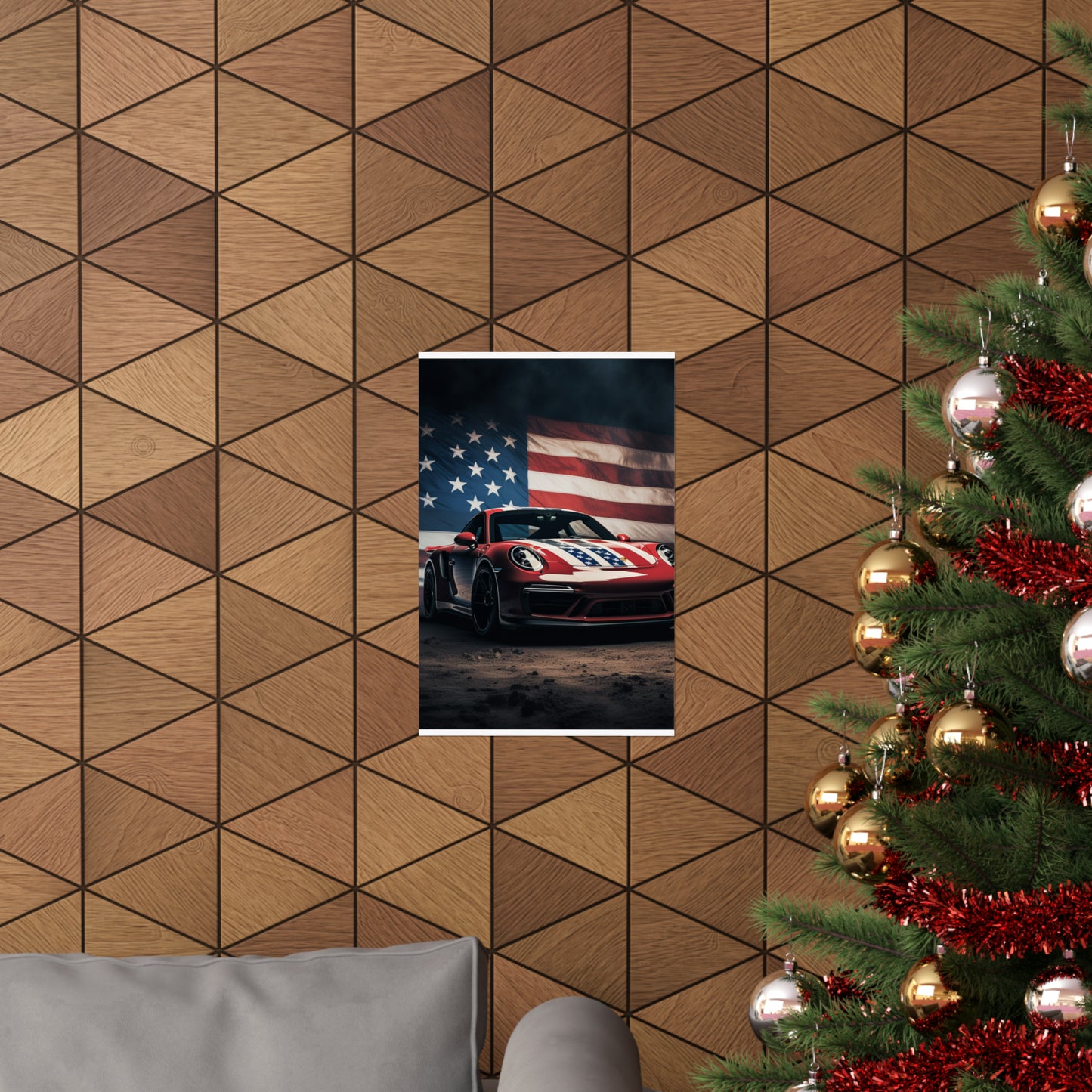 Premium Matte Vertical Posters American Flag Background Porsche 3