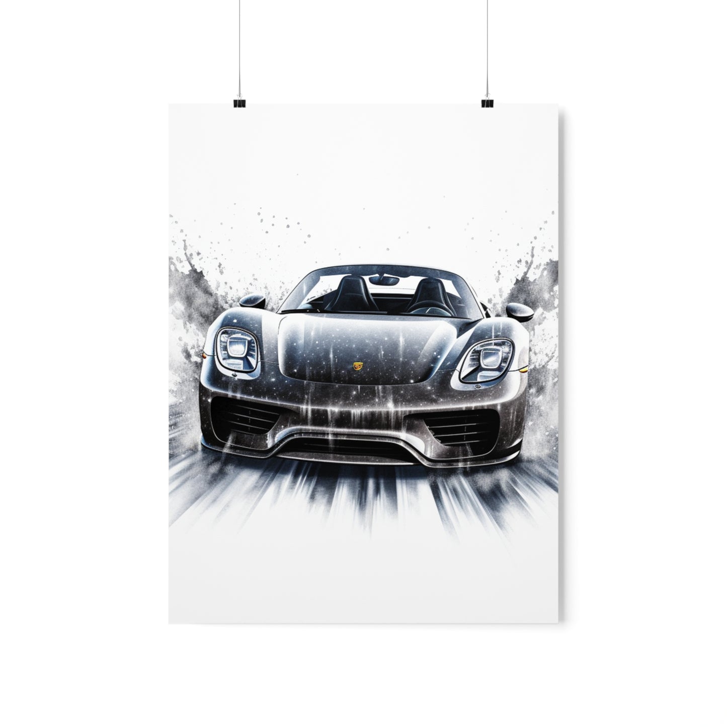 Premium Matte Vertical Posters 918 Spyder white background driving fast with water splashing 3