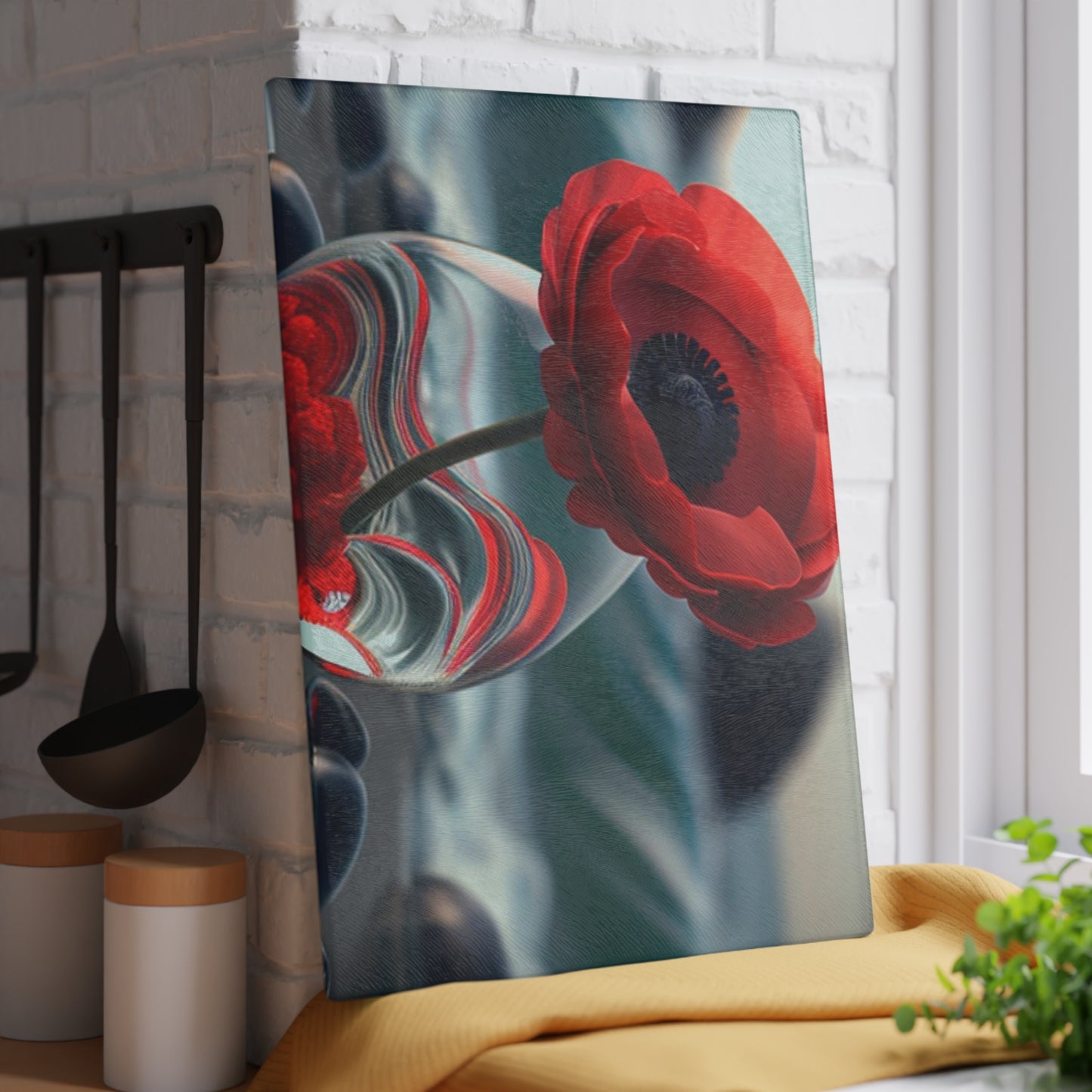 Glass Cutting Board Red Anemone in a Vase 1