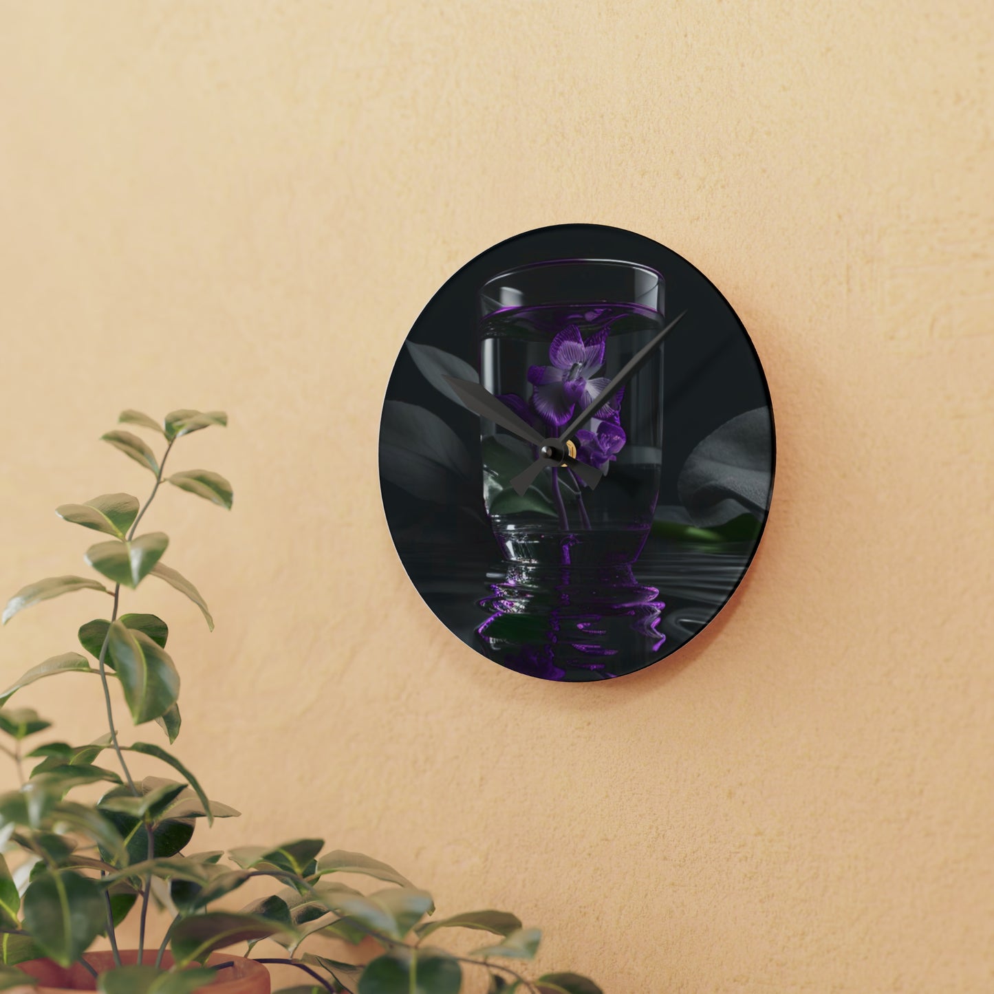 Acrylic Wall Clock Purple Orchid Glass vase 1