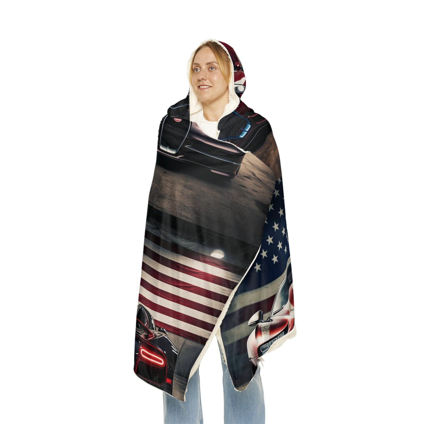 Snuggle Hooded Blanket American Flag Background Bugatti 5