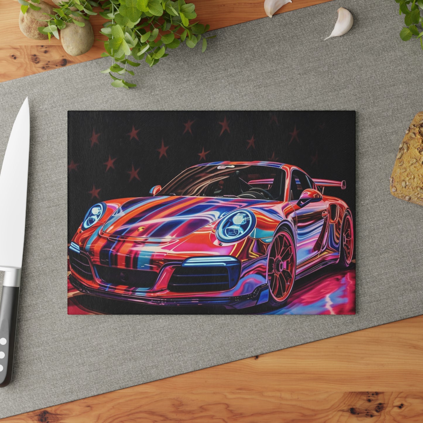 Glass Cutting Board American Flag Colored Porsche 4