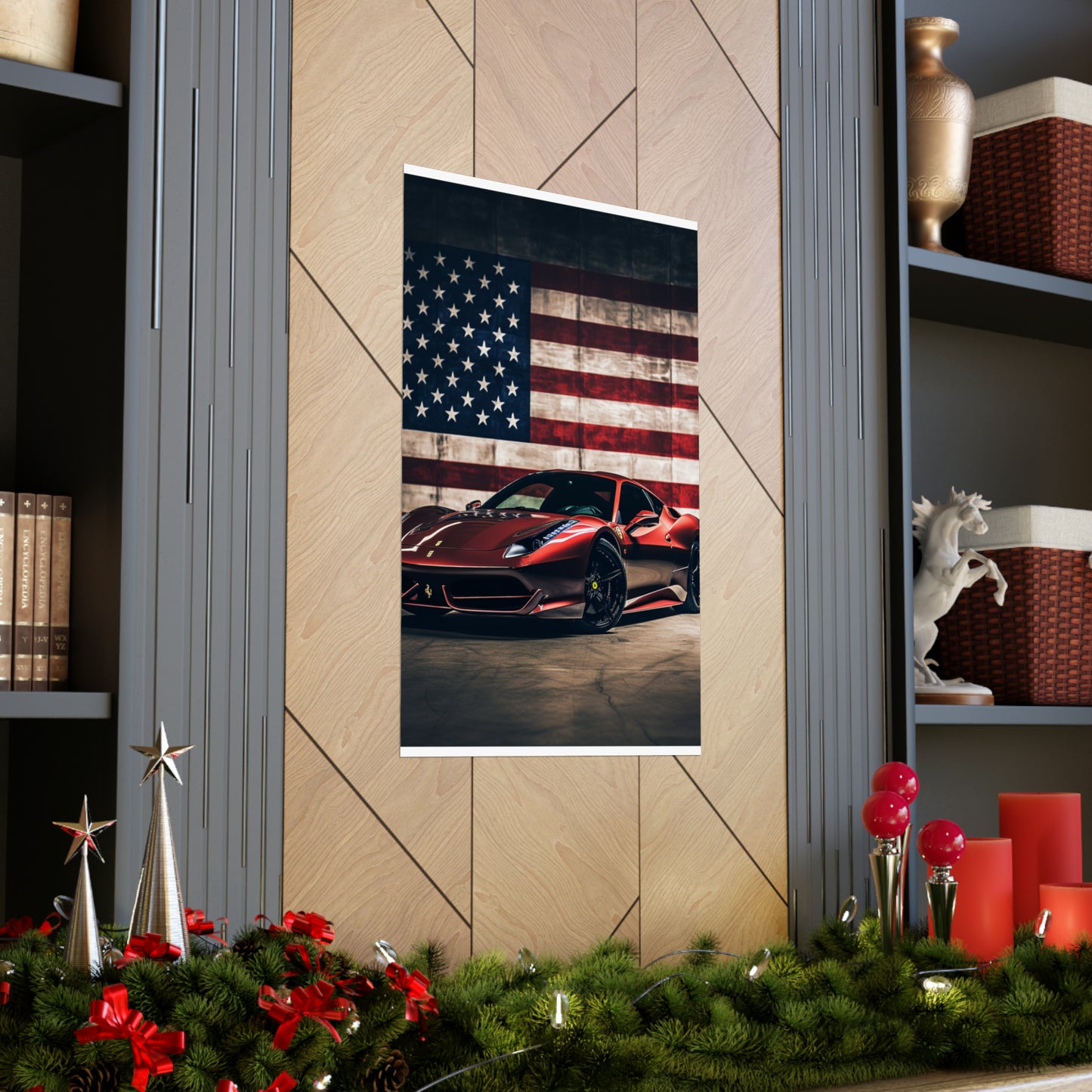 Premium Matte Vertical Posters American Flag Background Ferrari 4