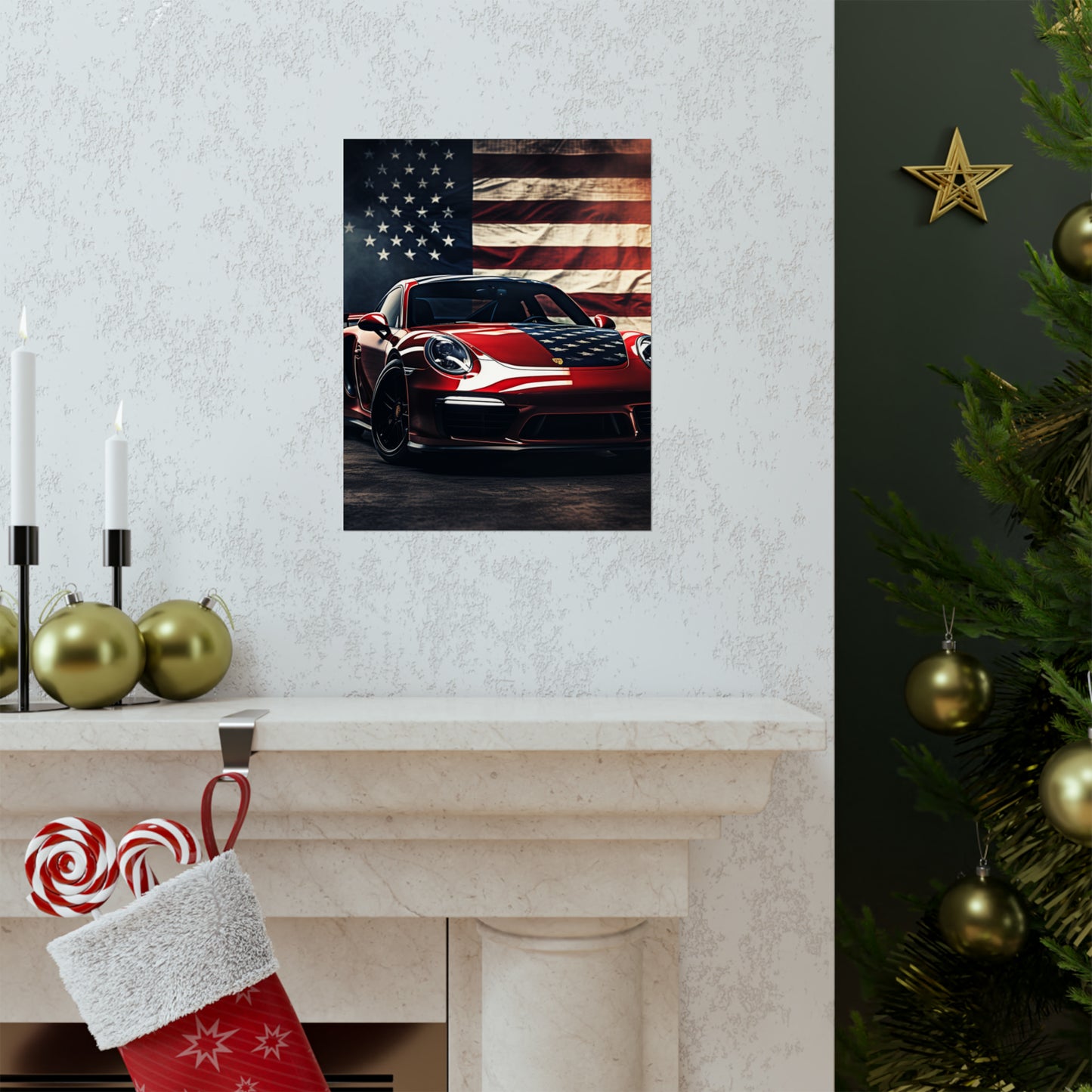 Premium Matte Vertical Posters American Flag Background Porsche 2