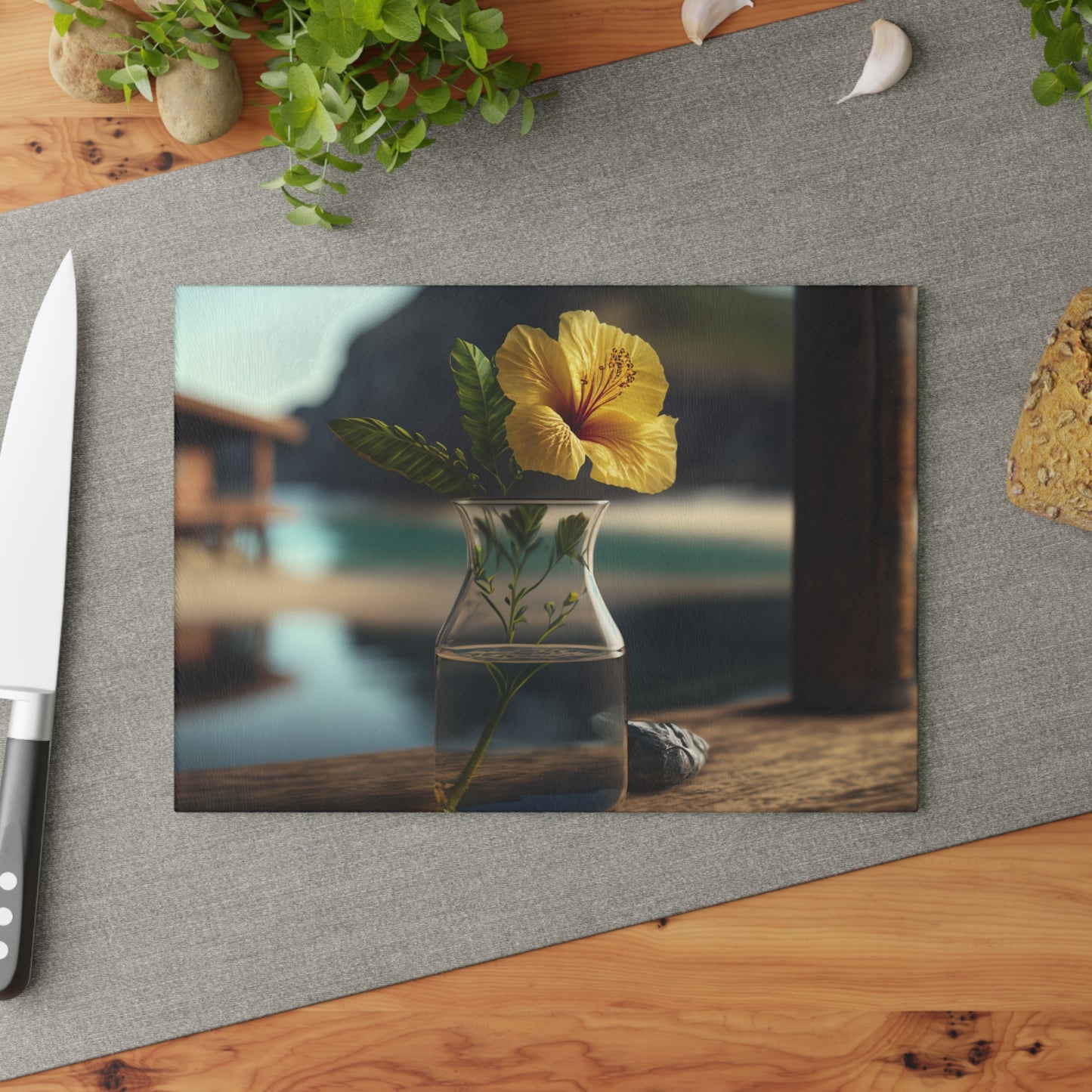 Glass Cutting Board Yellow Hibiscus Wood 4